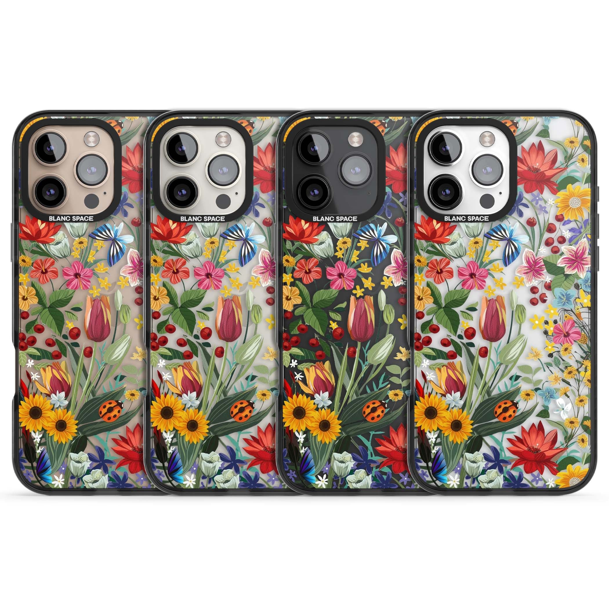 Botanical Bloom cottagecore iPhone case featuring colorful wildflowers, sunflowers, and ladybugs on clear background | Black Impact case for iPhone 16 Pro, iPhone 16 Pro Max