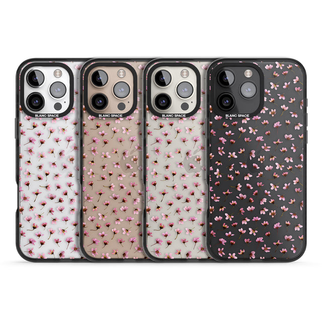 iPhone 16 Pro Max Small Pink Blossoms Transparent Design Black Impact Phone Case