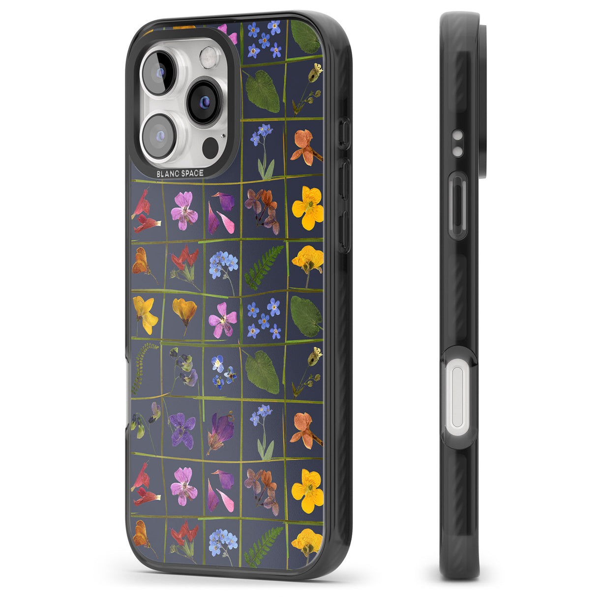 iPhone 16 Pro Max Wildflower Grid Boxes Pattern - Navy Black Impact Phone Case