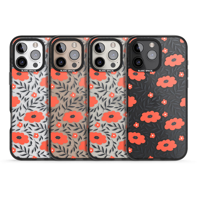 iPhone 16 Pro Max Red Poppy Transparent Floral Black Impact Phone Case