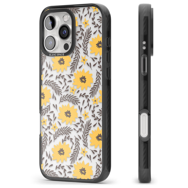 iPhone 16 Pro Max Yellow Blossoms Transparent Floral Black Impact Phone Case