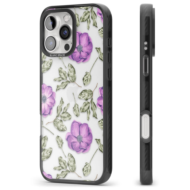 iPhone 16 Pro Max Purple Blossoms Transparent Floral Black Impact Phone Case