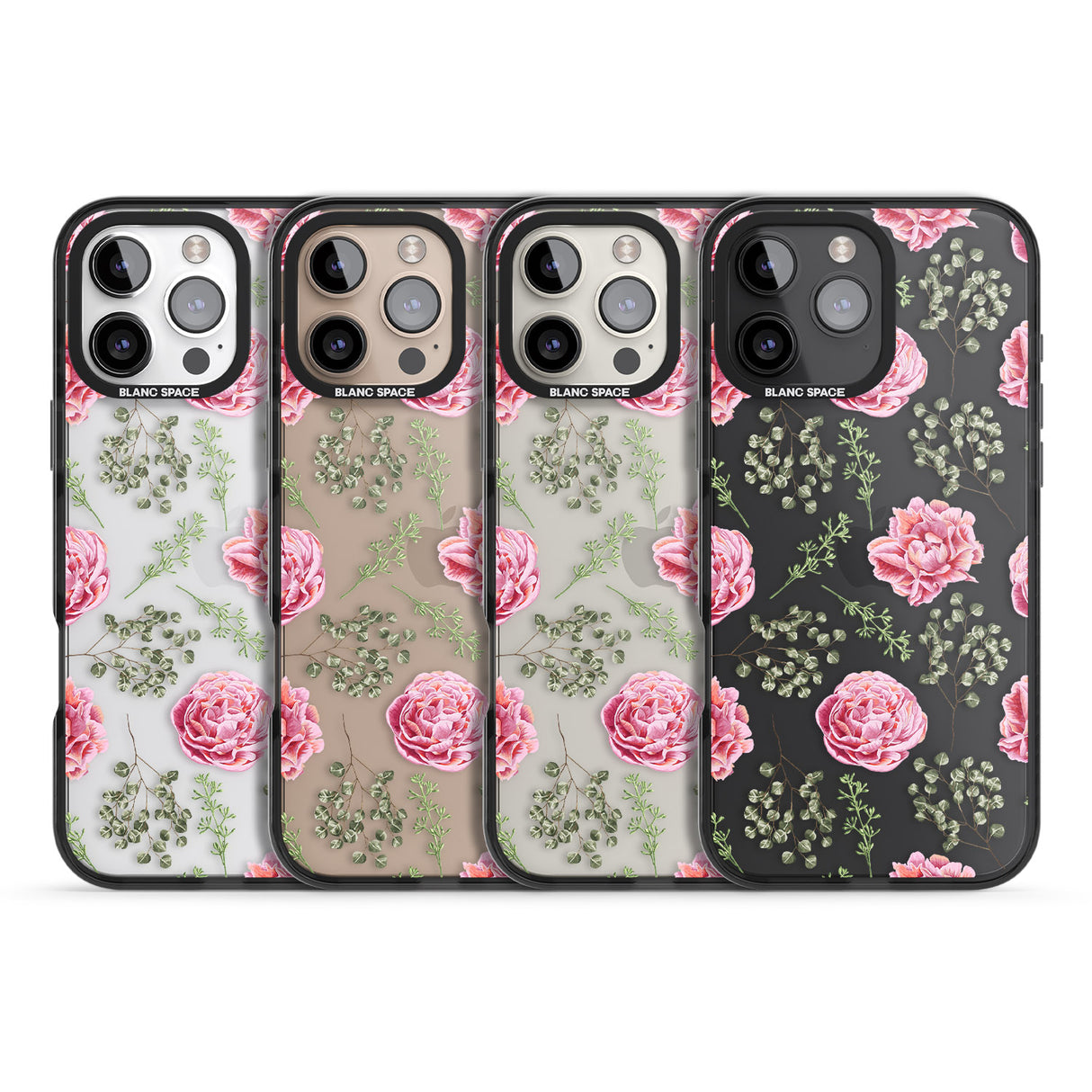 iPhone 16 Pro Max Roses & Eucalyptus Transparent Floral Black Impact Phone Case