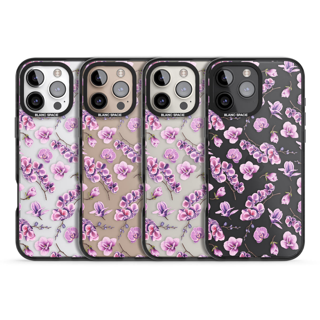 iPhone 16 Pro Max Purple Orchids Transparent Floral Black Impact Phone Case