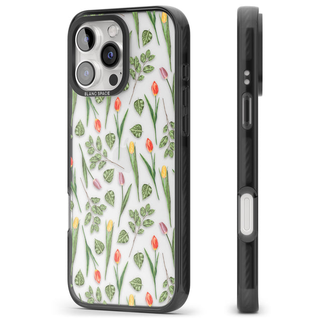 iPhone 16 Pro Max Spring Tulips Transparent Floral Black Impact Phone Case