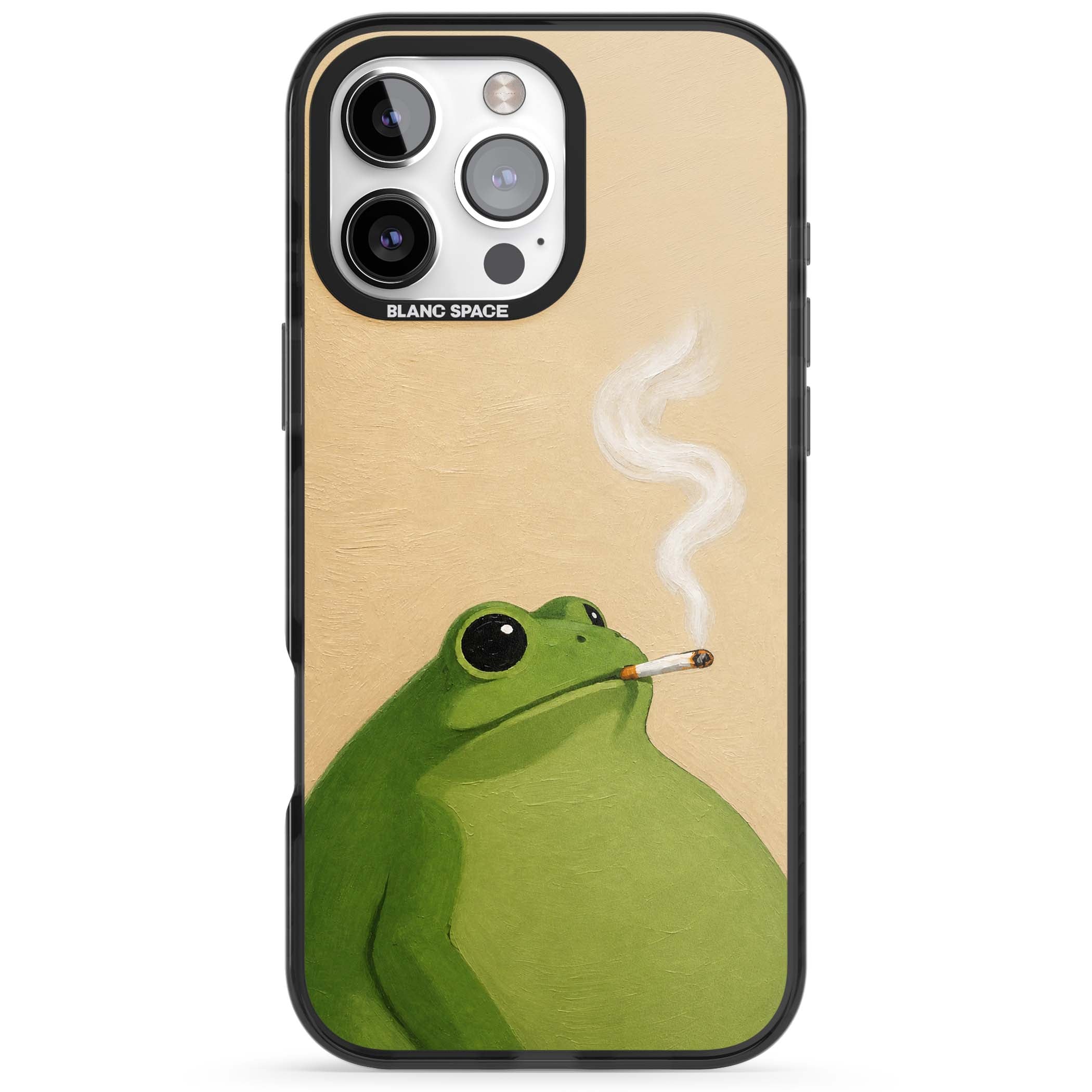 The Smoking Frog cottagecore iPhone case featuring a hand-painted green frog smoking a cigarette on a cream oil painting back | Black Impact case for iPhone 16 Pro, iPhone 16 Pro Max