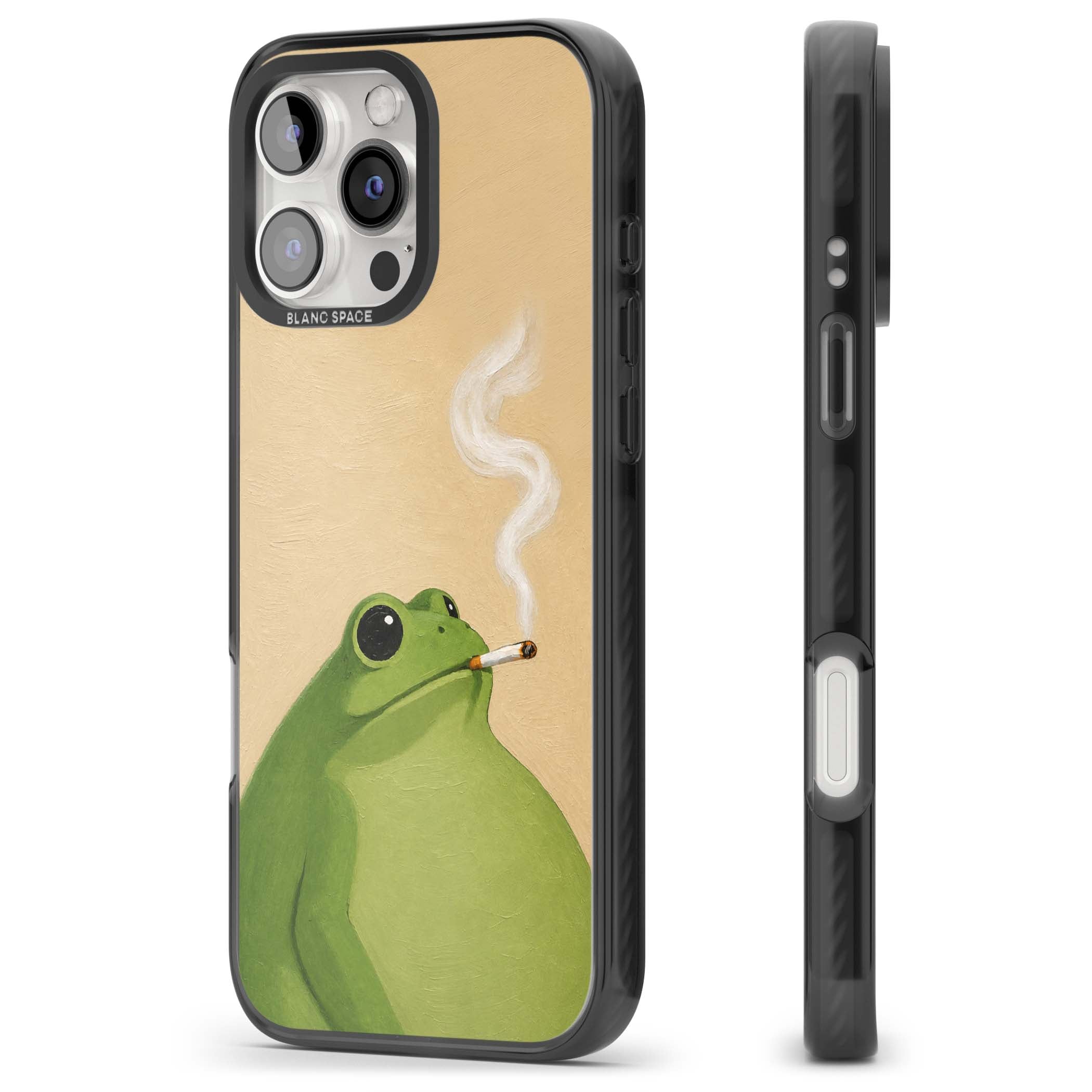 The Smoking Frog cottagecore iPhone case featuring a hand-painted green frog smoking a cigarette on a cream oil painting back | Black Impact case for iPhone 16 Pro, iPhone 16 Pro Max