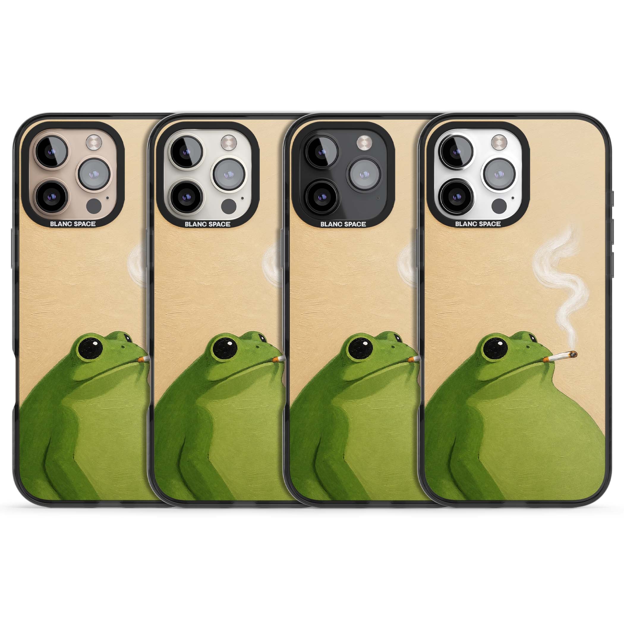 The Smoking Frog cottagecore iPhone case featuring a hand-painted green frog smoking a cigarette on a cream oil painting back | Black Impact case for iPhone 16 Pro, iPhone 16 Pro Max