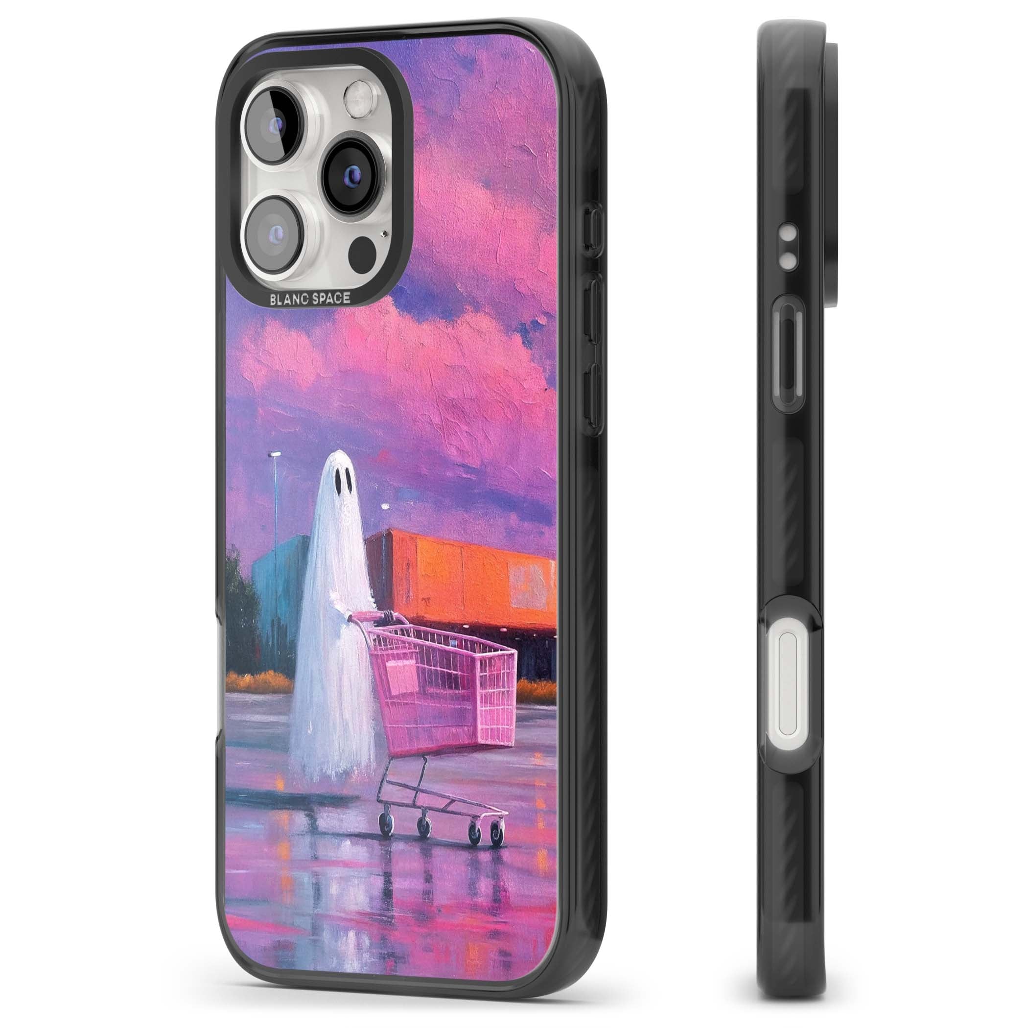 A Ghost's Errand ghost halloween iPhone case featuring a painted ghost, pink shopping trolley and purple sunset sky | Black Impact case for iPhone 16 Pro, iPhone 16 Pro Max