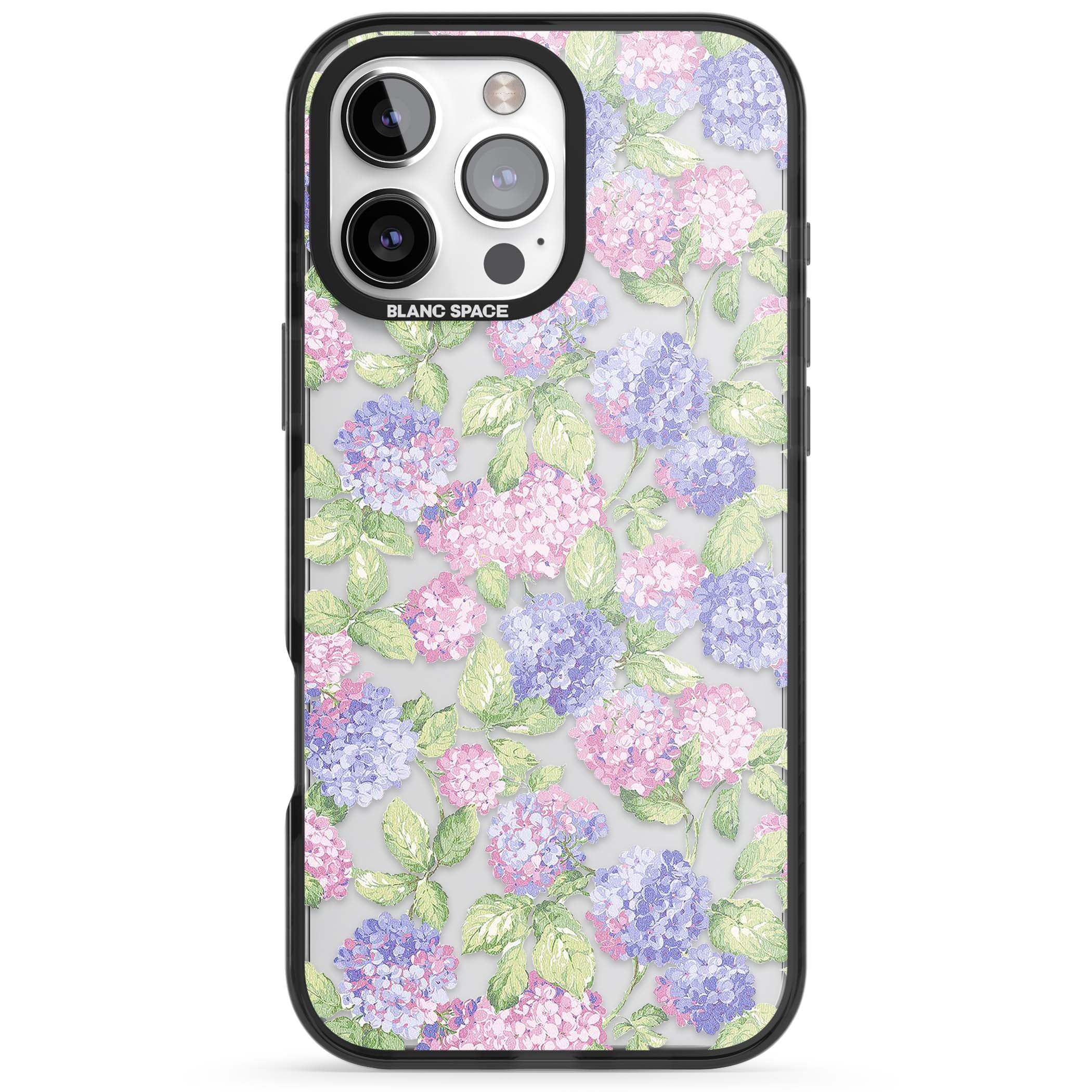 Cottage Hydrangea cottagecore iPhone case featuring pink and purple hydrangea blooms with green leaves on a clear background | Black Impact case for iPhone 16 Pro, iPhone 16 Pro Max