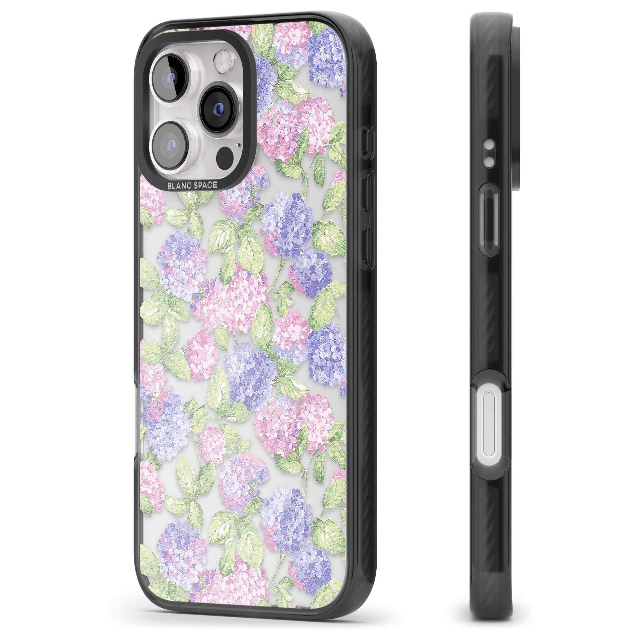 Cottage Hydrangea cottagecore iPhone case featuring pink and purple hydrangea blooms with green leaves on a clear background | Black Impact case for iPhone 16 Pro, iPhone 16 Pro Max