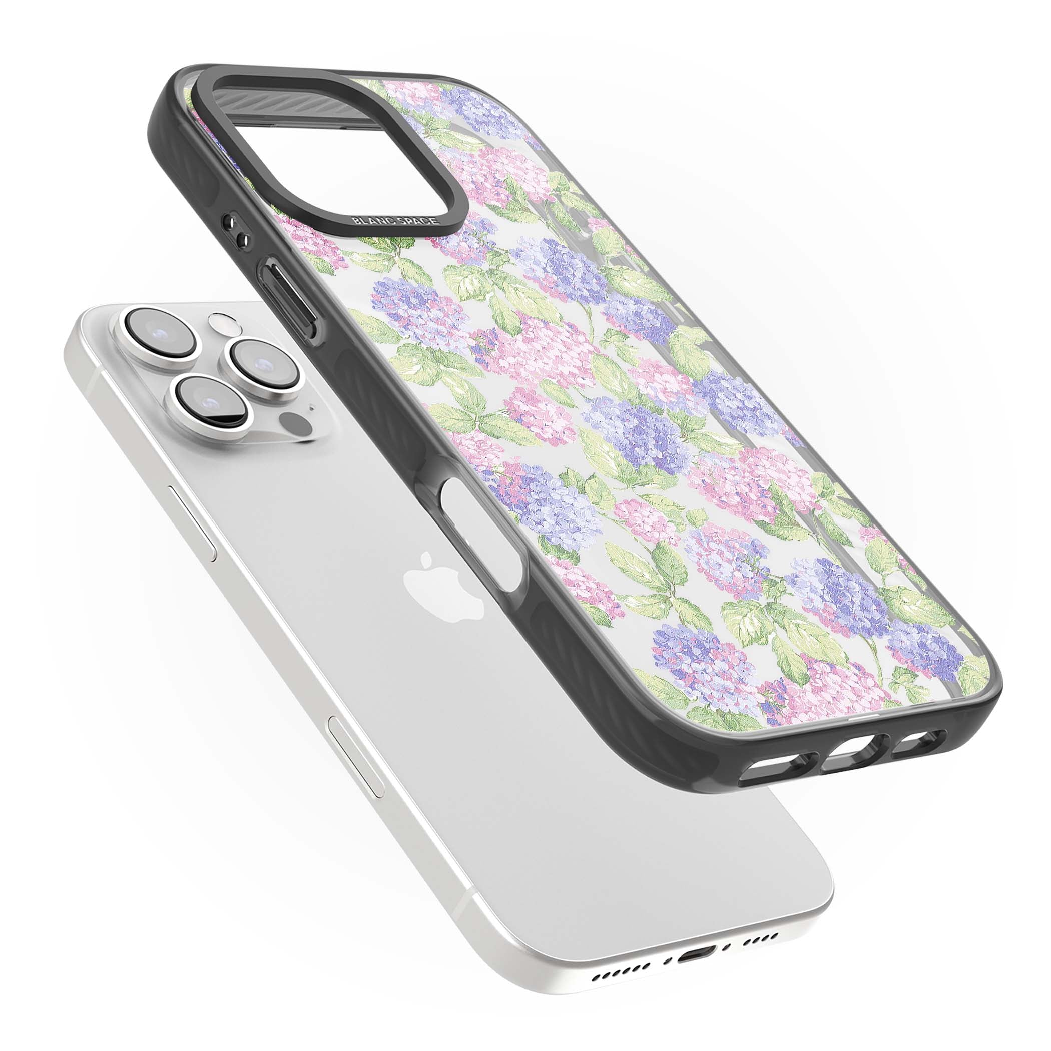 Cottage Hydrangea cottagecore iPhone case featuring pink and purple hydrangea blooms with green leaves on a clear background | Black Impact case for iPhone 16 Pro, iPhone 16 Pro Max