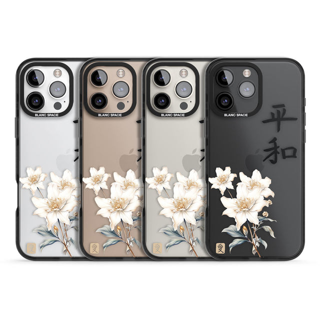 Peace and Flowers Black Impact Phone Case for iPhone 16 Pro, iPhone 16 Pro Max