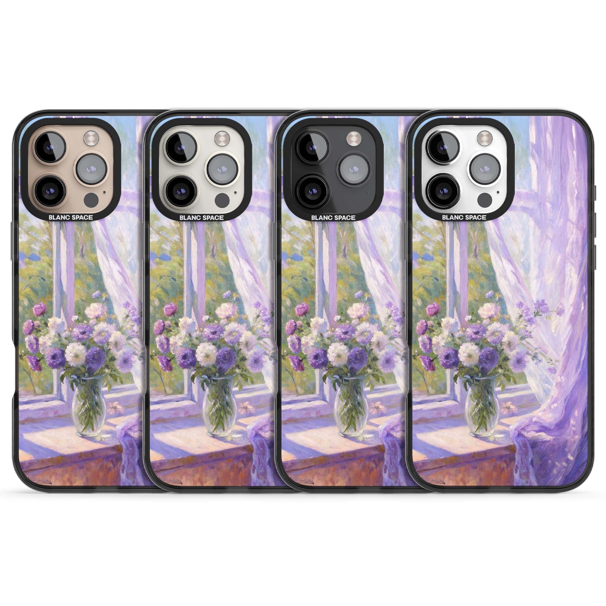 A Provence Morning impressionist art iPhone case featuring a vase of purple flowers, sunlit window and sheer curt | Black Impact case for iPhone 16 Pro, iPhone 16 Pro Max