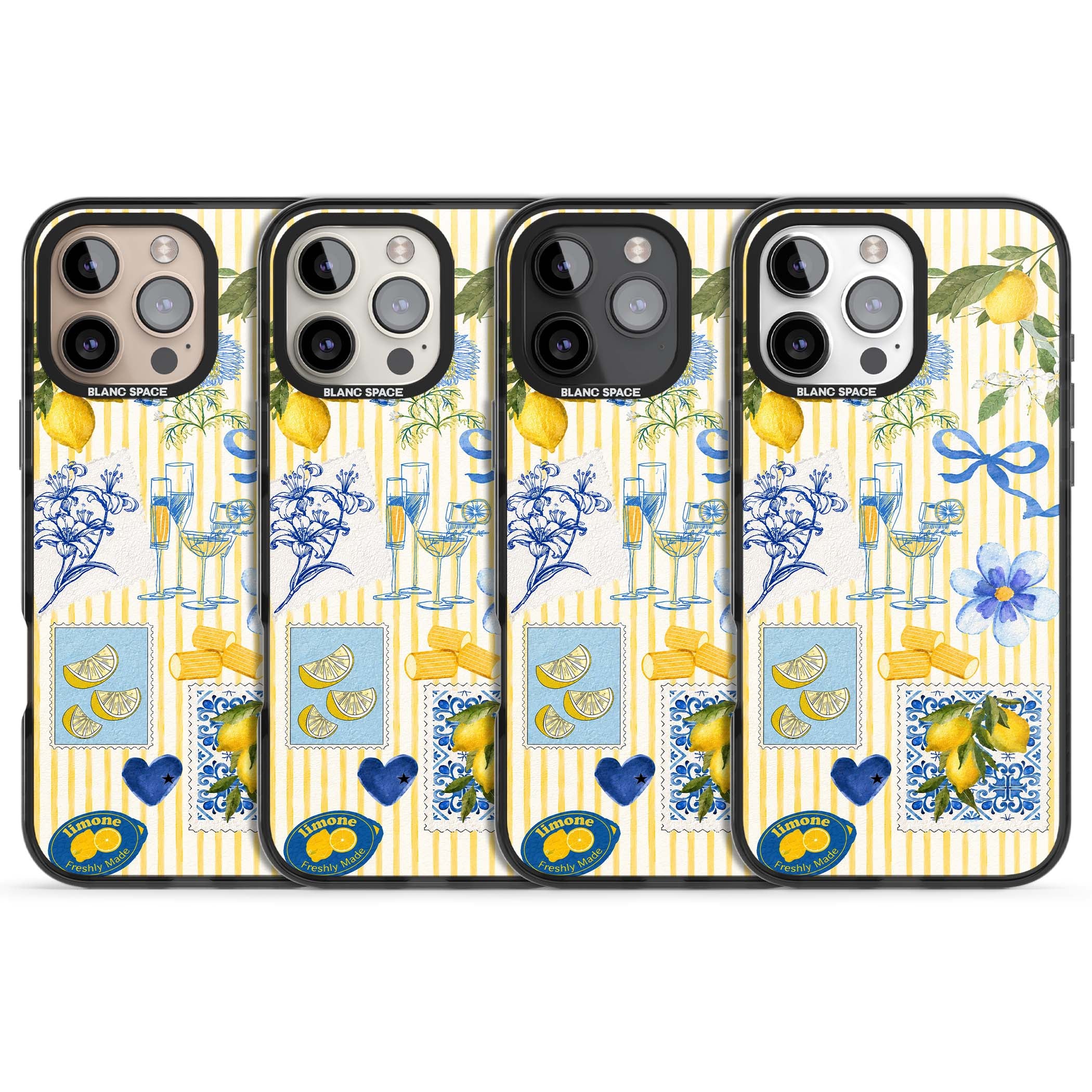 Limone Riviera Italian summer iPhone case featuring watercolour lemons, blue ribbon bows and majolica tile stamps on... | Black Impact case for iPhone 16 Pro, iPhone 16 Pro Max