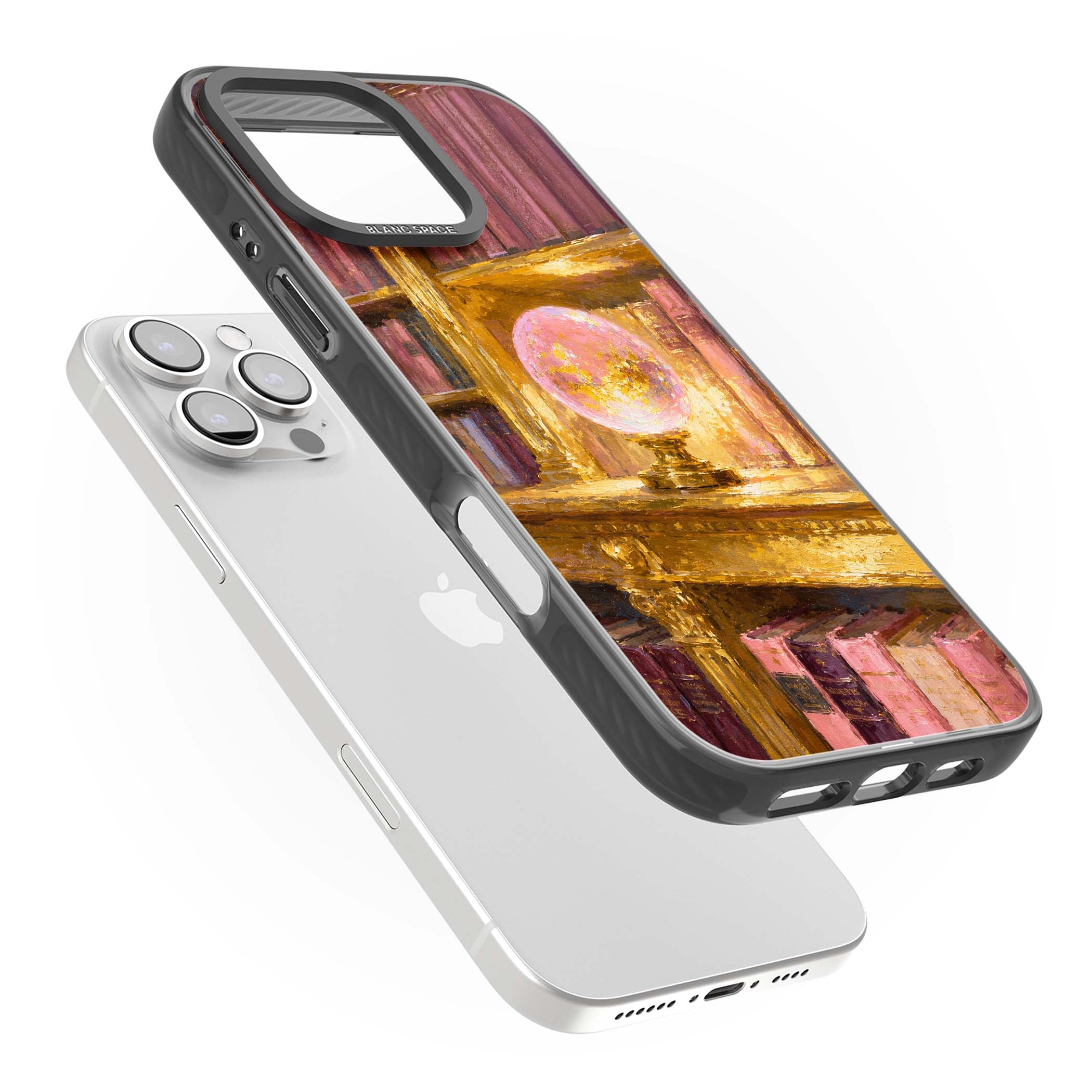 Gilded Library dark academia iPhone case featuring an oil painted crystal ball on a gilded library shelf with vintage | Black Impact case for iPhone 16 Pro, iPhone 16 Pro Max
