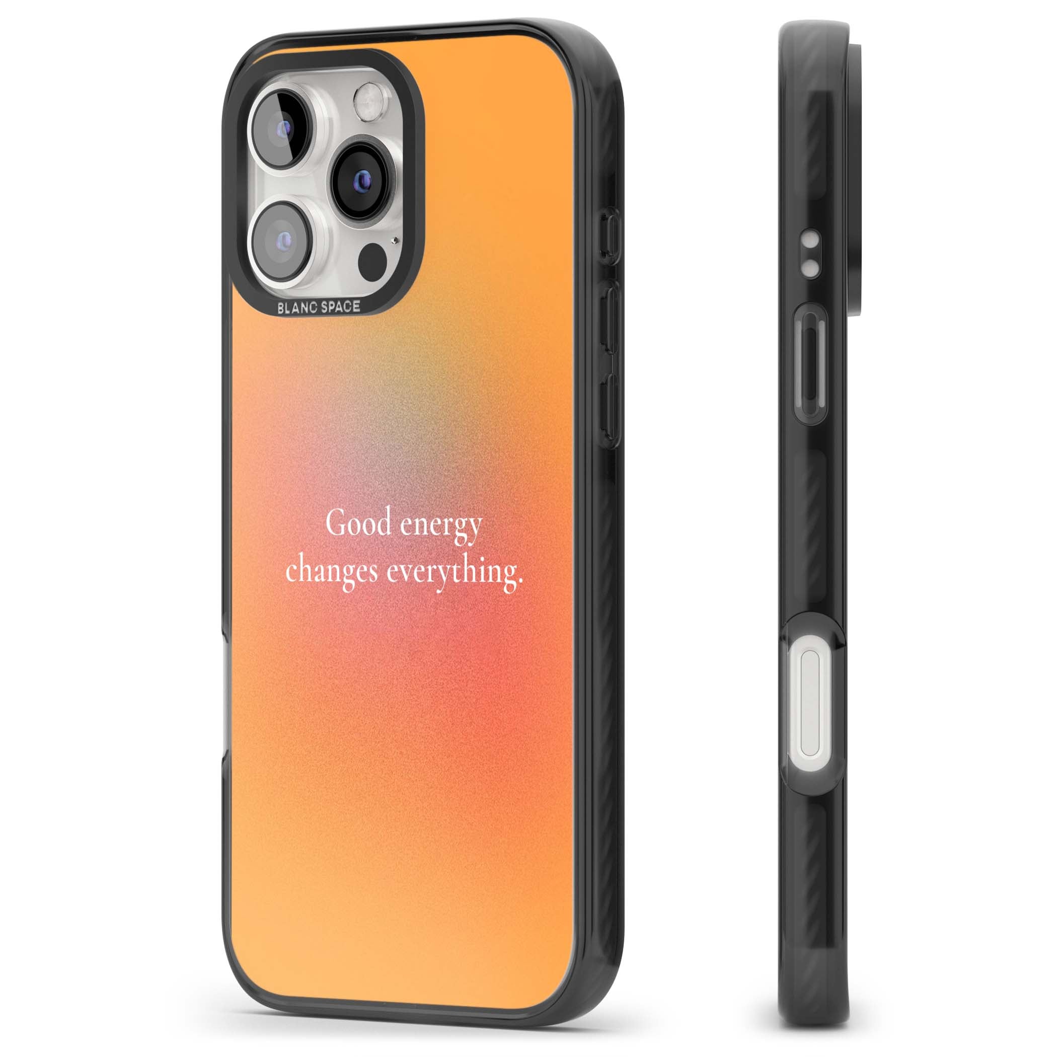 Good Energy quote iPhone case featuring an orange and pink aura gradient with white serif affirmation text | Black Impact Magsafe case for iPhone 16 Pro, iPhone 16 Pro Max
