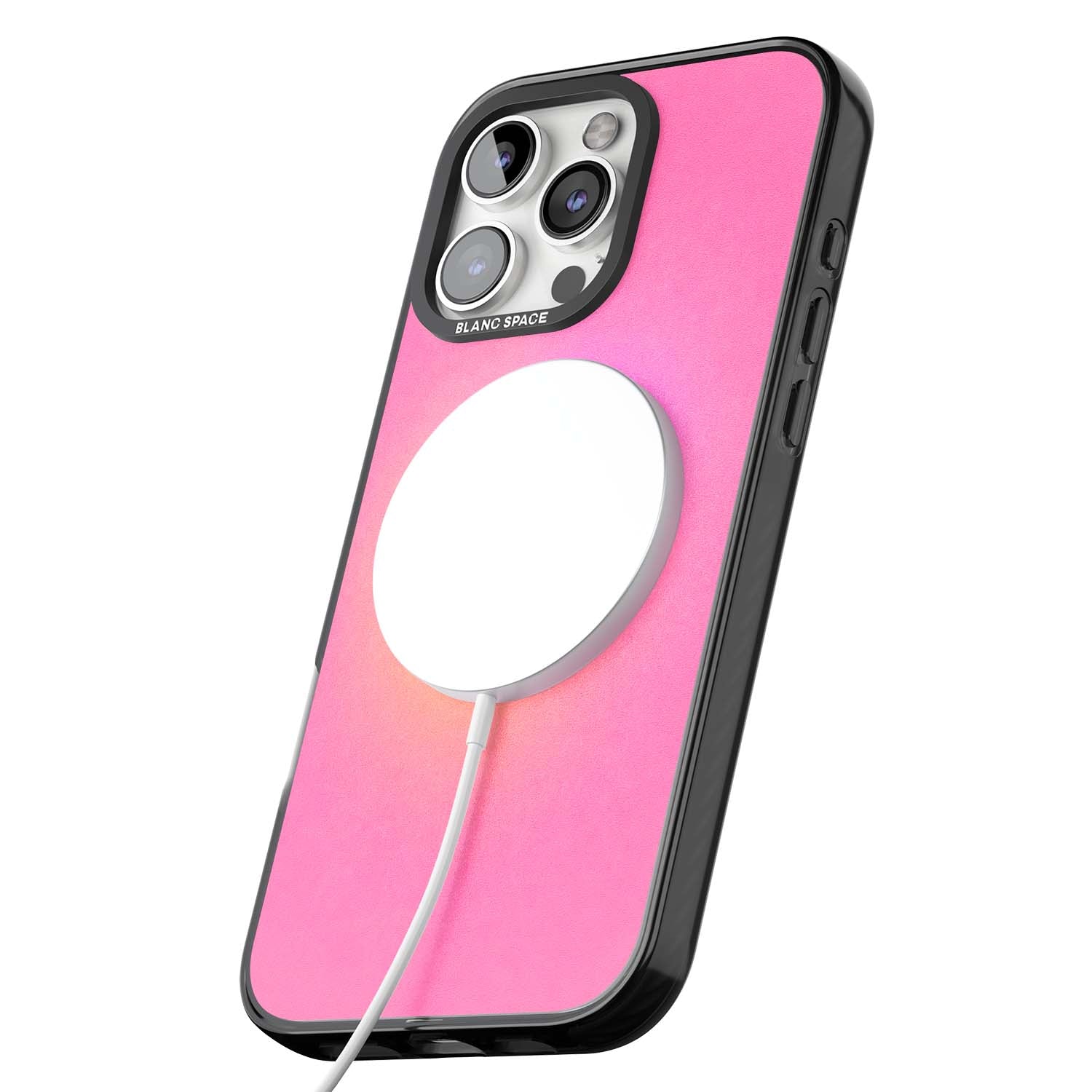Peace Over Perfection quote iPhone case featuring a dreamy pink aura gradient and delicate white affirmation text | Black Impact Magsafe case for iPhone 16 Pro, iPhone 16 Pro Max