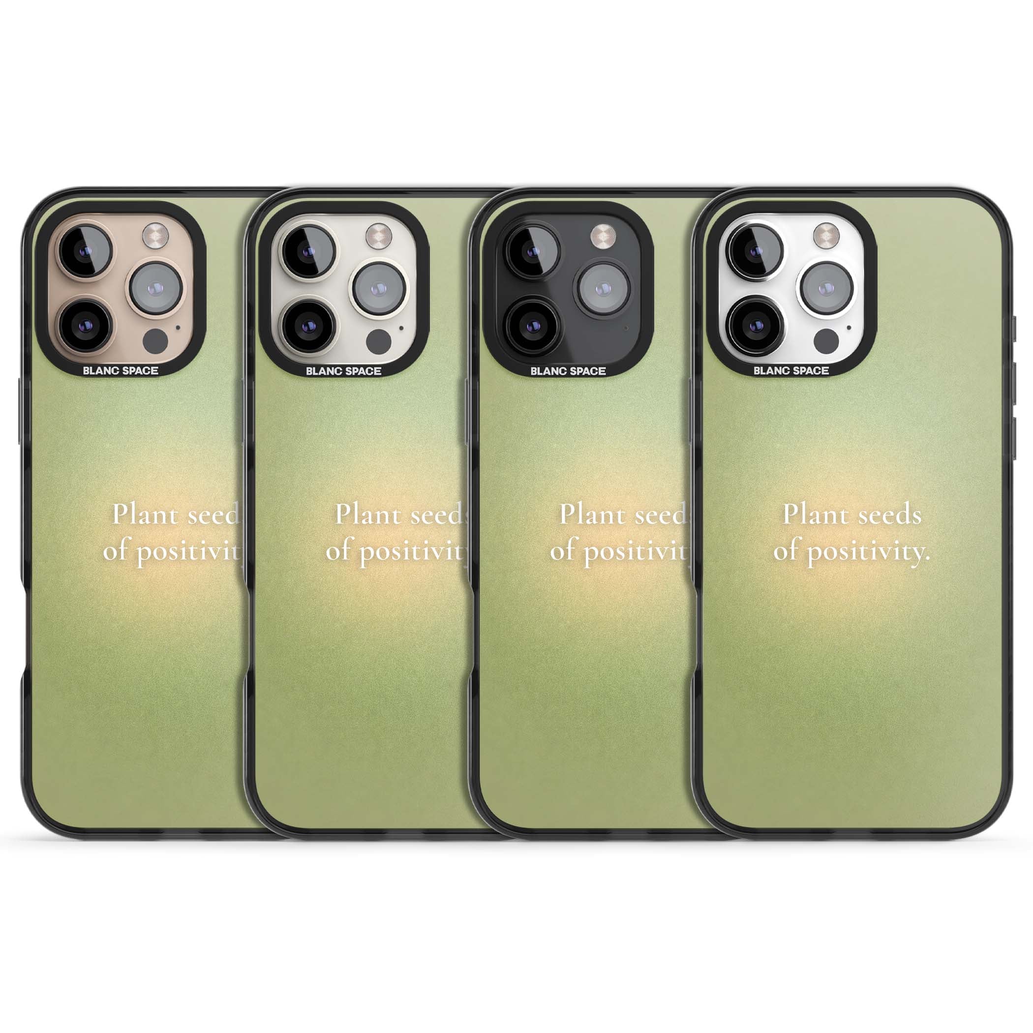 Seeds of Positivity quote iPhone case featuring a sage green aura gradient and golden glow affirmation | Black Impact Magsafe case for iPhone 16 Pro, iPhone 16 Pro Max