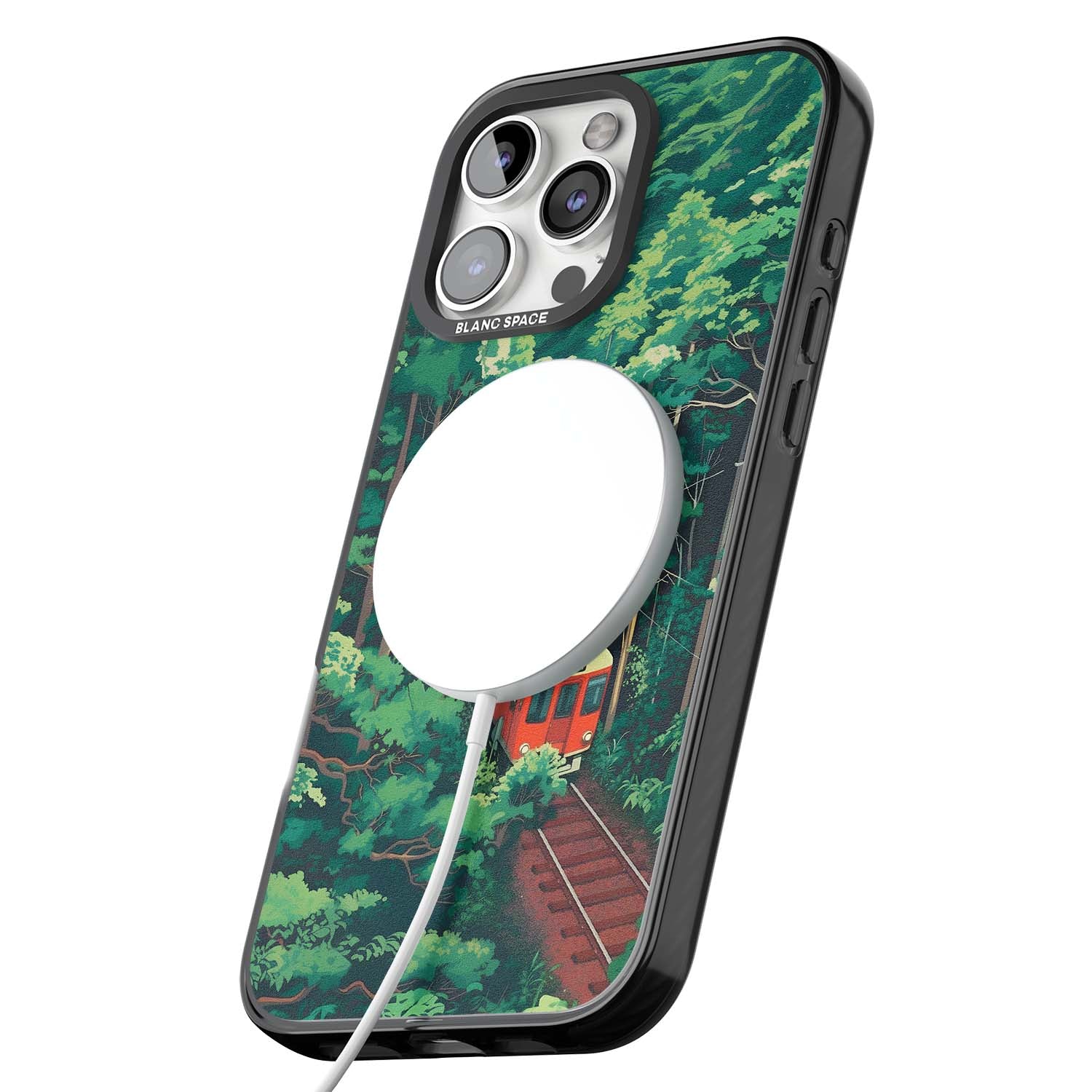 Railway In Toyama Japanese iPhone case featuring a red train, cedar forest and winding mountain railway tracks | Black Impact Magsafe case for iPhone 16 Pro, iPhone 16 Pro Max
