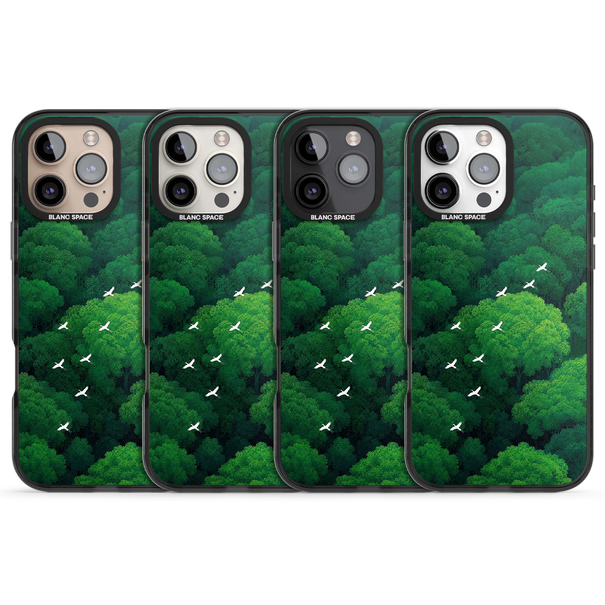 Grove Migration forest iPhone case featuring white cranes flying over lush green treetop canopy | Black Impact Magsafe case for iPhone 16 Pro, iPhone 16 Pro Max