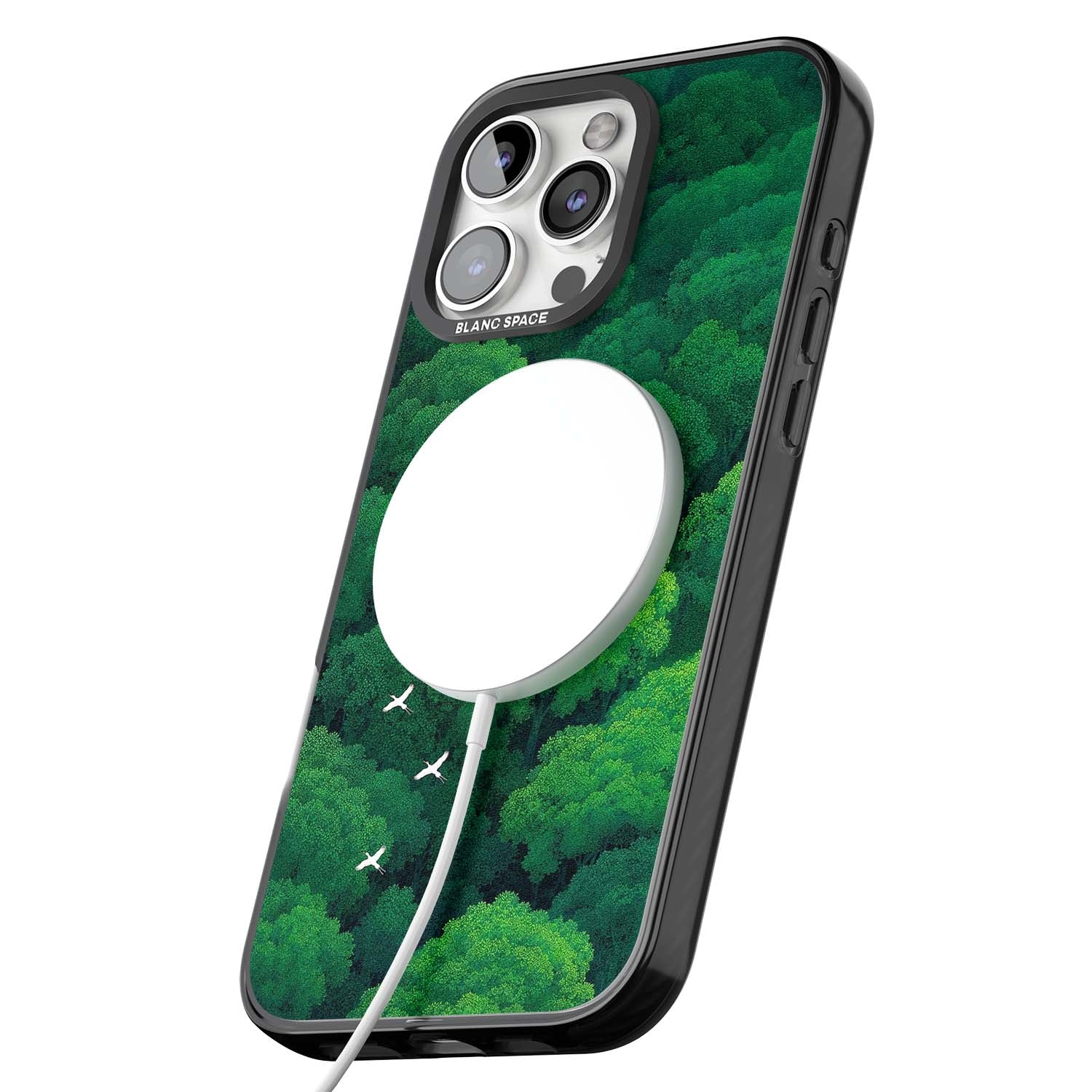 Grove Migration forest iPhone case featuring white cranes flying over lush green treetop canopy | Black Impact Magsafe case for iPhone 16 Pro, iPhone 16 Pro Max