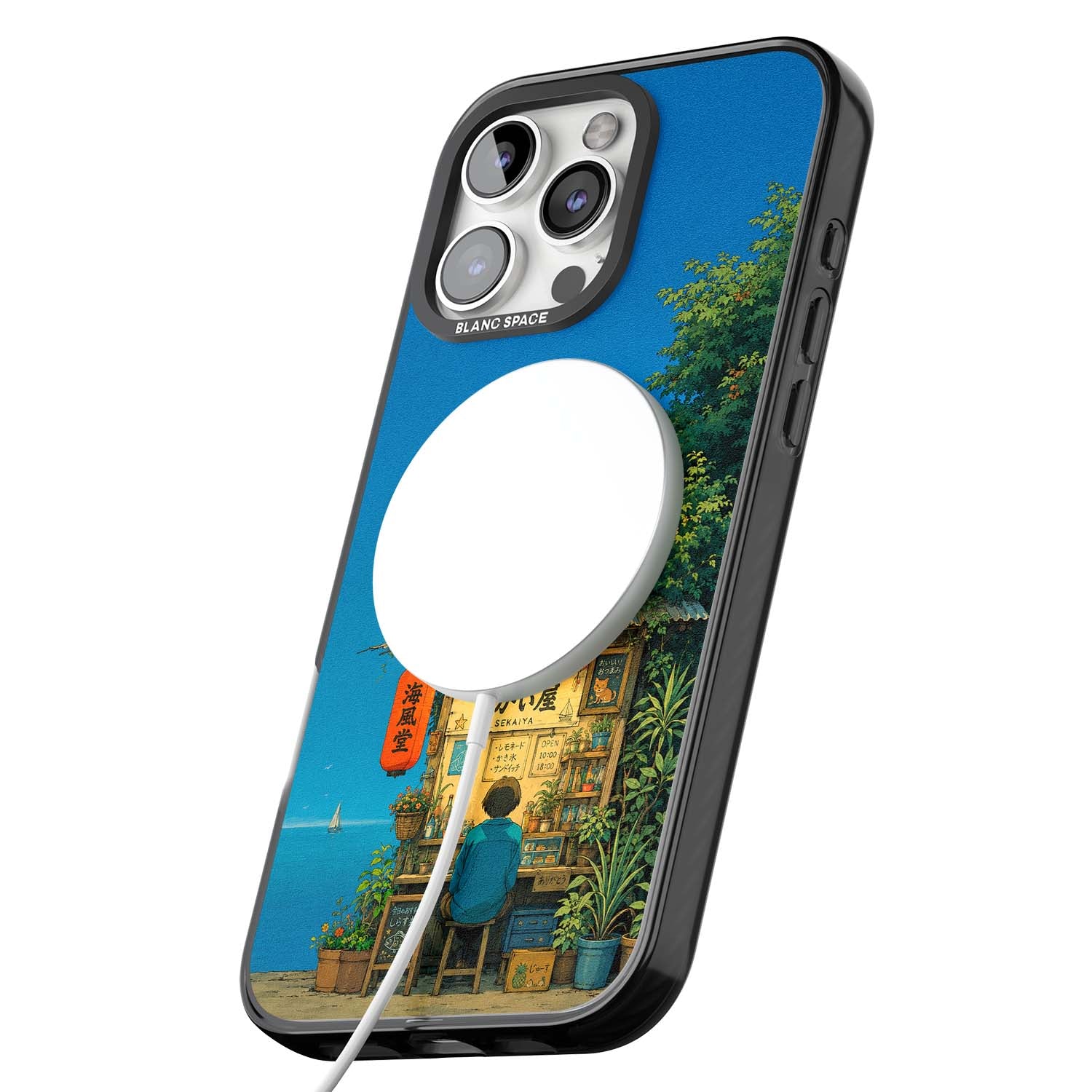 The Shirahama Kiosk anime iPhone case featuring a Japanese seaside shop, red paper lantern and ocean view | Black Impact Magsafe case for iPhone 16 Pro, iPhone 16 Pro Max