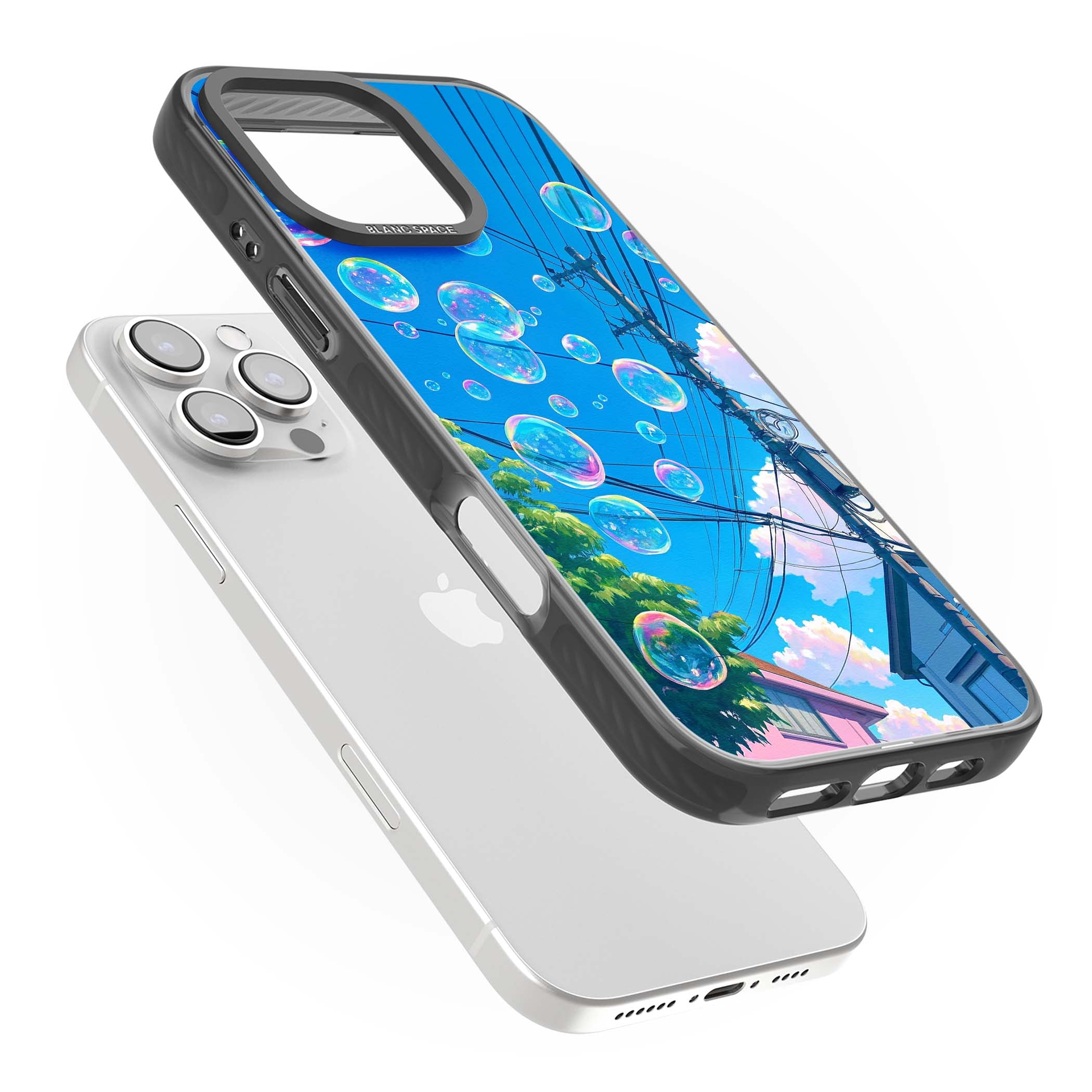 Suburban Bubbles anime iPhone case featuring iridescent soap bubbles, blue sky and Japanese telephone wires | Black Impact Magsafe case for iPhone 16 Pro, iPhone 16 Pro Max
