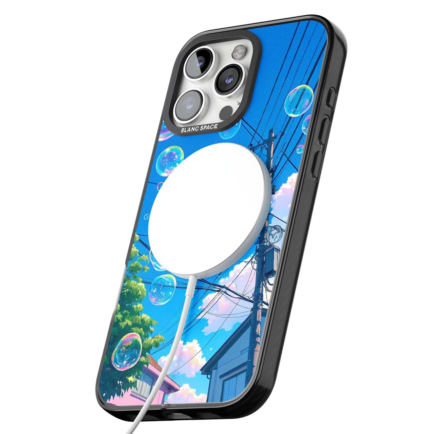 Suburban Bubbles anime iPhone case featuring iridescent soap bubbles, blue sky and Japanese telephone wires | Black Impact Magsafe case for iPhone 16 Pro, iPhone 16 Pro Max
