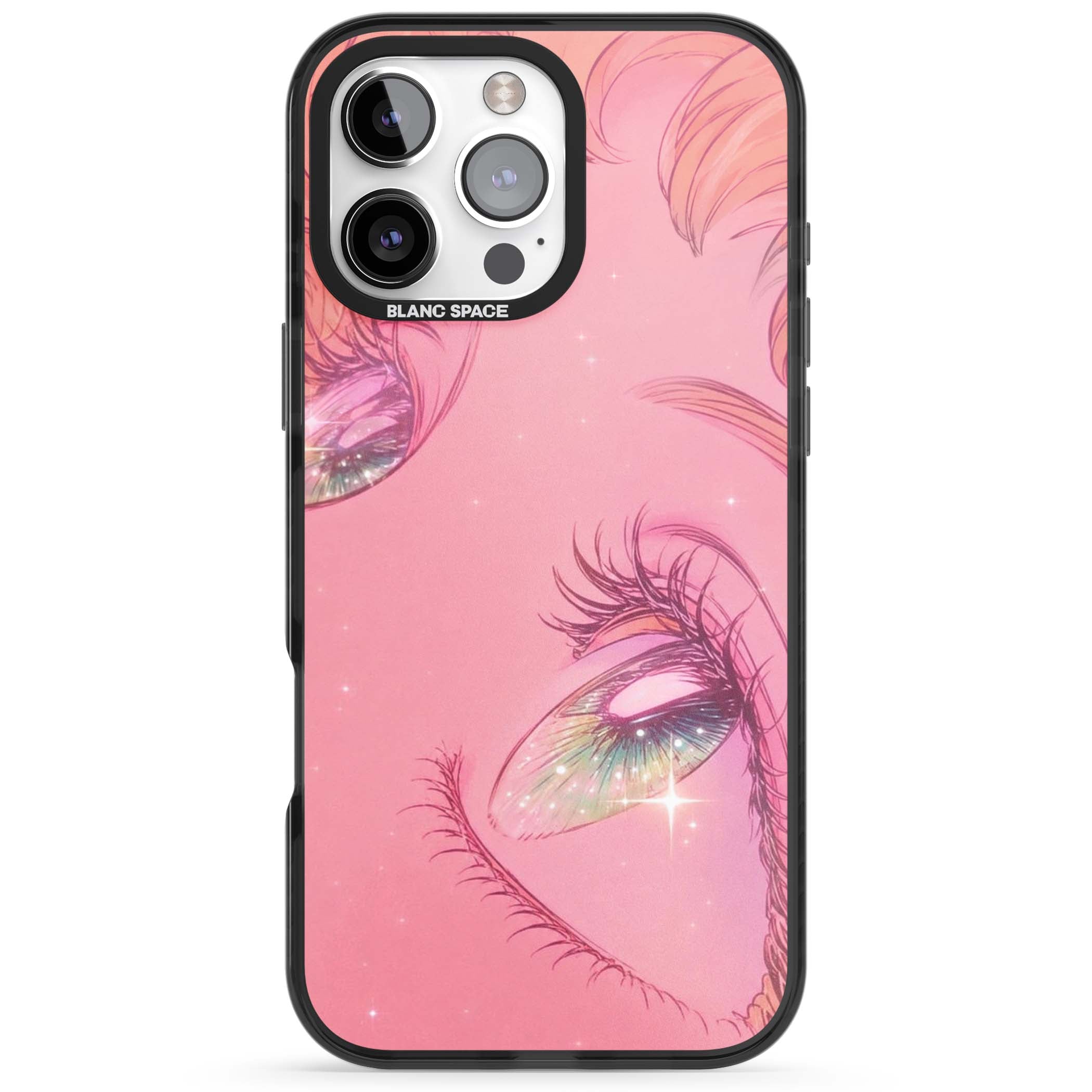 Pink Ethereal Gaze anime iPhone case featuring sparkling manga eyes, coral lashes and dreamy peach sky | Black Impact Magsafe case for iPhone 16 Pro, iPhone 16 Pro Max