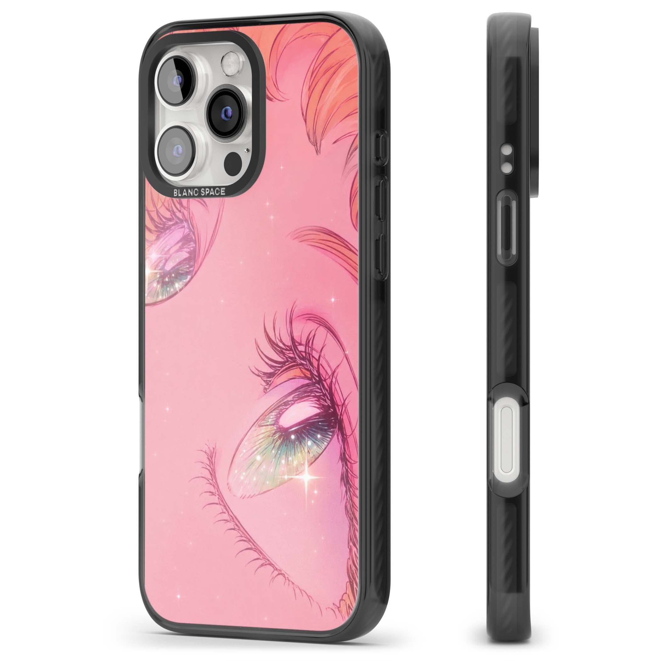 Pink Ethereal Gaze anime iPhone case featuring sparkling manga eyes, coral lashes and dreamy peach sky | Black Impact Magsafe case for iPhone 16 Pro, iPhone 16 Pro Max