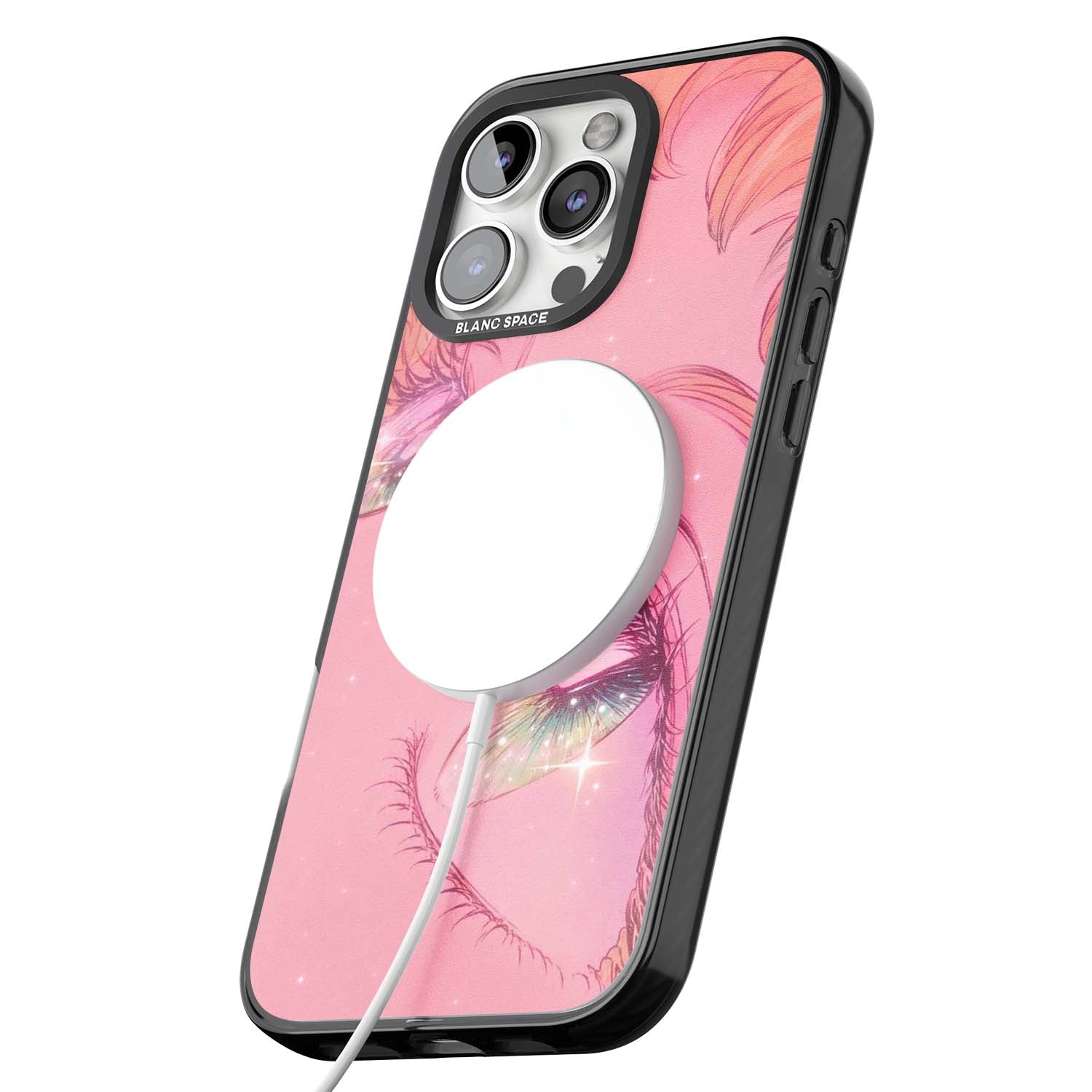 Pink Ethereal Gaze anime iPhone case featuring sparkling manga eyes, coral lashes and dreamy peach sky | Black Impact Magsafe case for iPhone 16 Pro, iPhone 16 Pro Max