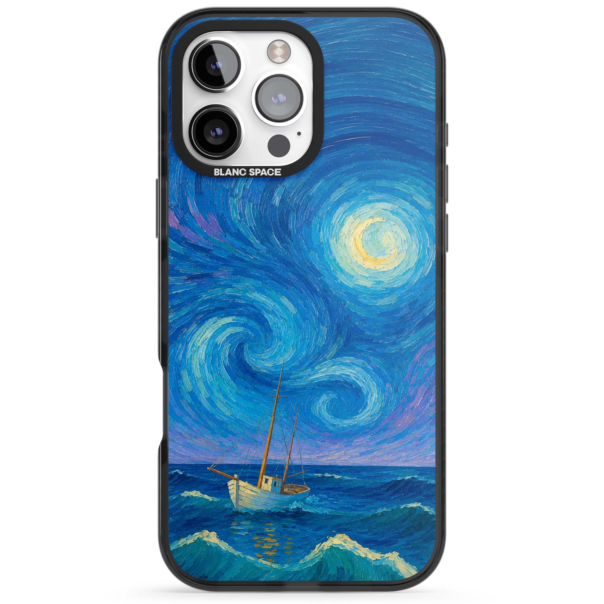 Moonlit Tide Van Gogh art iPhone case featuring swirling starry night sky, glowing moon and lone sailing boat at sea | Black Impact Magsafe case for iPhone 16 Pro, iPhone 16 Pro Max