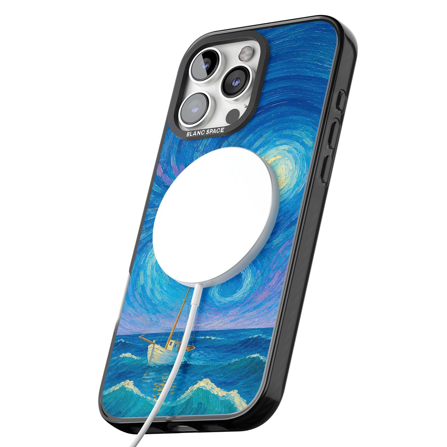 Moonlit Tide Van Gogh art iPhone case featuring swirling starry night sky, glowing moon and lone sailing boat at sea | Black Impact Magsafe case for iPhone 16 Pro, iPhone 16 Pro Max