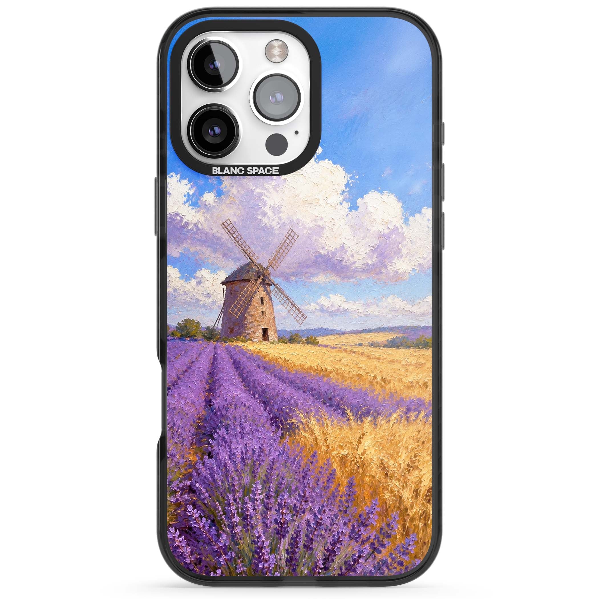 Lavender Mill cottagecore iPhone case featuring a French windmill, lavender field and golden wheat oil painting | Black Impact Magsafe case for iPhone 16 Pro, iPhone 16 Pro Max
