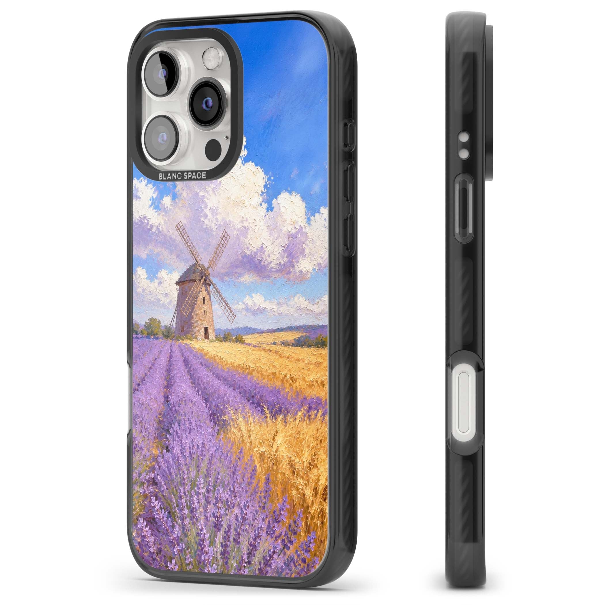 Lavender Mill cottagecore iPhone case featuring a French windmill, lavender field and golden wheat oil painting | Black Impact Magsafe case for iPhone 16 Pro, iPhone 16 Pro Max