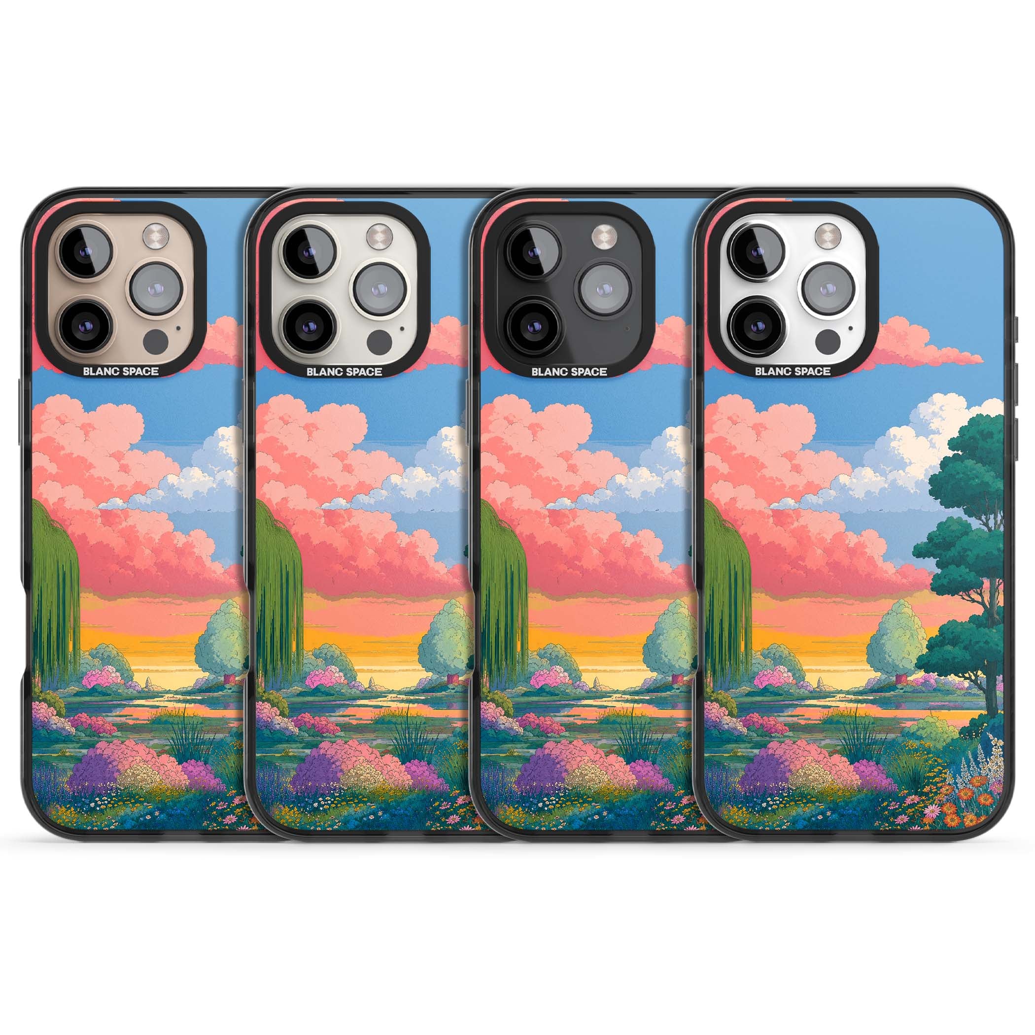 Dream Valley anime landscape iPhone case featuring pink sunset clouds, willow trees and wildflowers | Black Impact Magsafe case for iPhone 16 Pro, iPhone 16 Pro Max