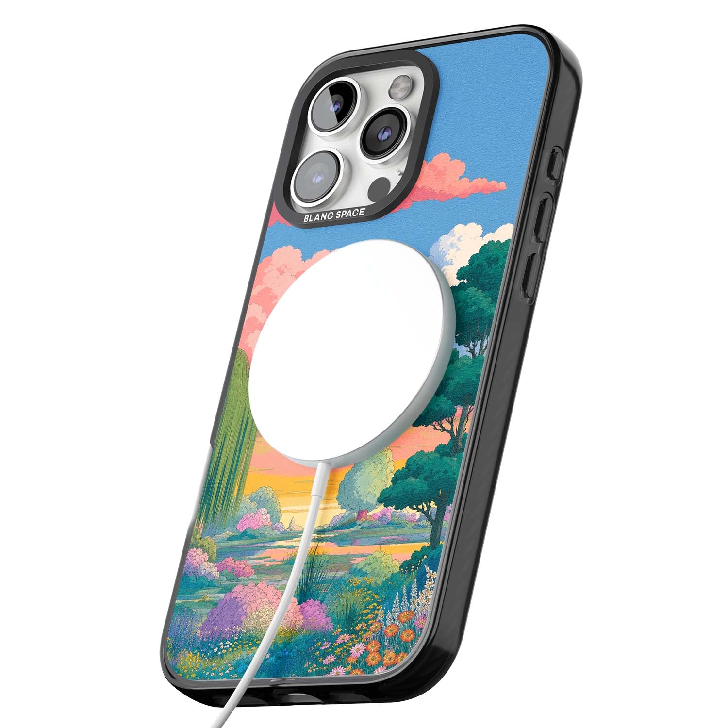 Dream Valley anime landscape iPhone case featuring pink sunset clouds, willow trees and wildflowers | Black Impact Magsafe case for iPhone 16 Pro, iPhone 16 Pro Max