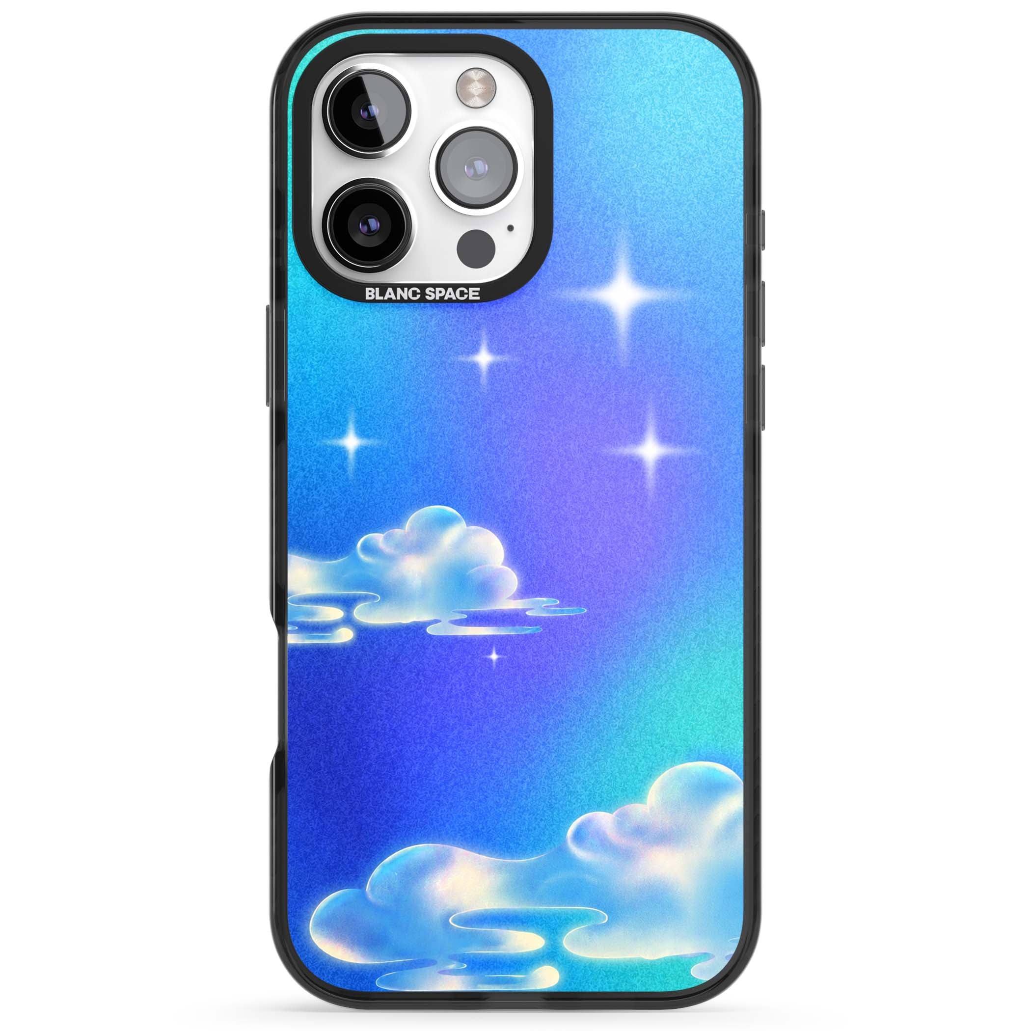Aurora celestial iPhone case featuring dreamy iridescent clouds, sparkling stars and pastel blue purple sky | Black Impact Magsafe case for iPhone 16 Pro, iPhone 16 Pro Max