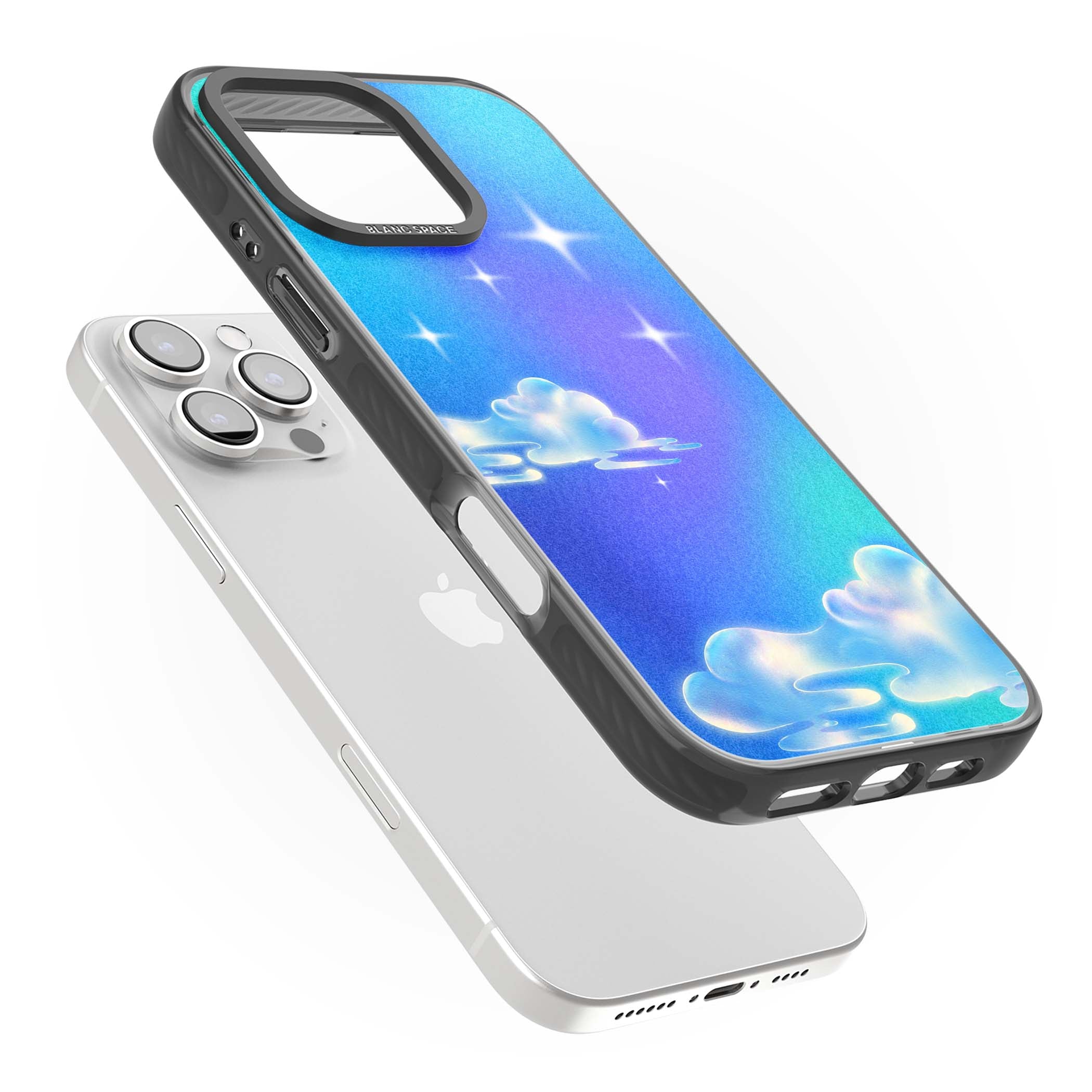 Aurora celestial iPhone case featuring dreamy iridescent clouds, sparkling stars and pastel blue purple sky | Black Impact Magsafe case for iPhone 16 Pro, iPhone 16 Pro Max