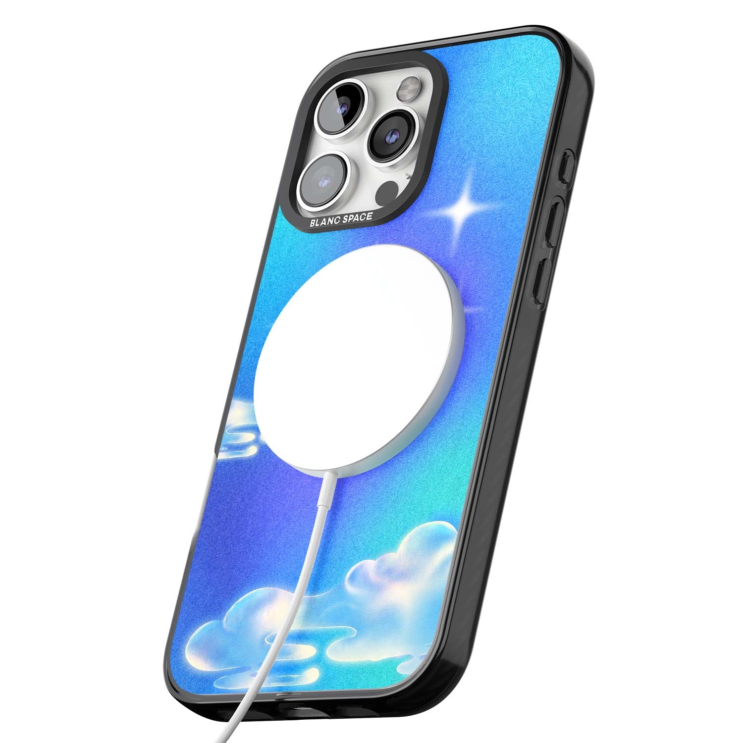Aurora celestial iPhone case featuring dreamy iridescent clouds, sparkling stars and pastel blue purple sky | Black Impact Magsafe case for iPhone 16 Pro, iPhone 16 Pro Max