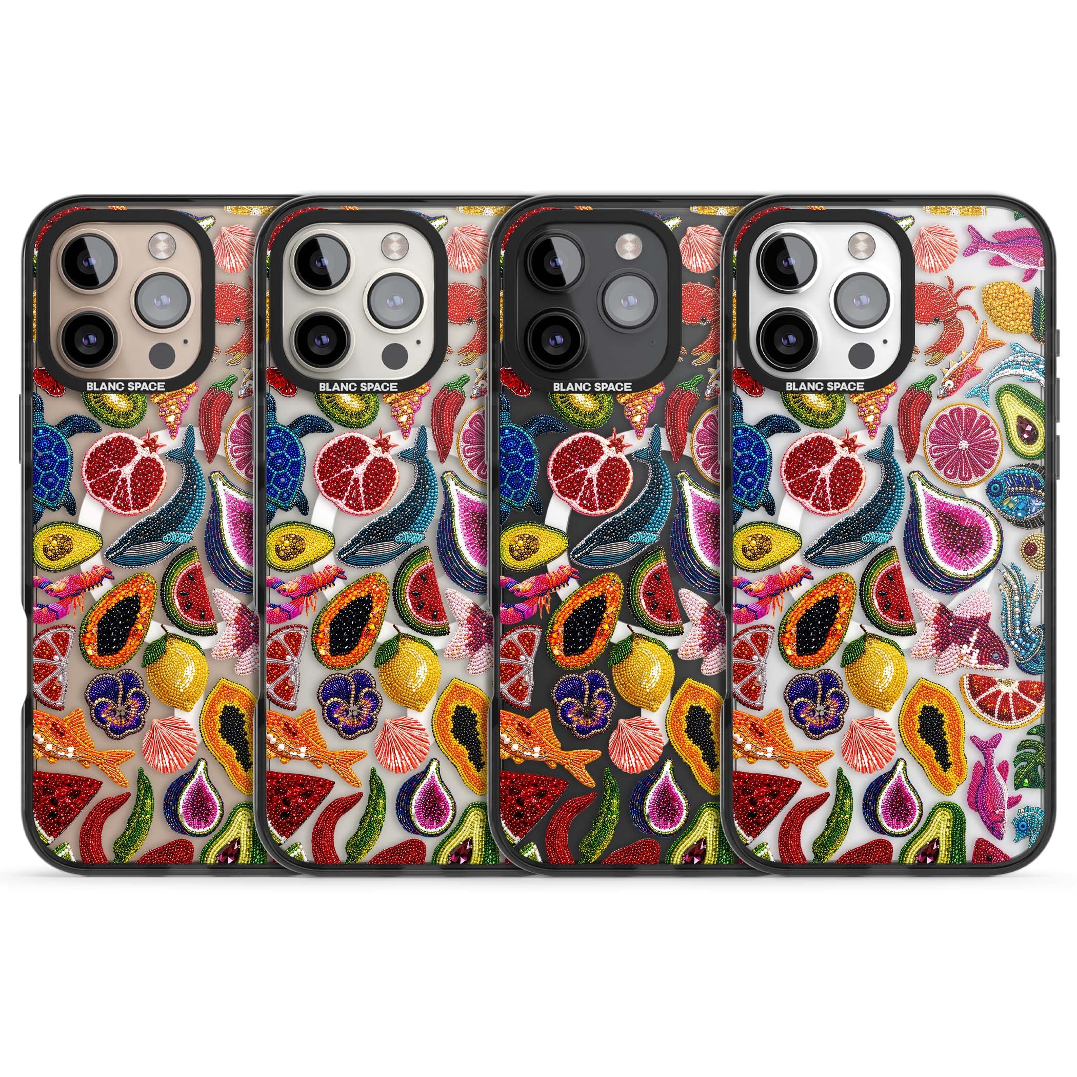 Beaded Tropic tropical iPhone case featuring beaded fruit, fish, crabs and seashells in vibrant colour | Black Impact Magsafe case for iPhone 16 Pro, iPhone 16 Pro Max