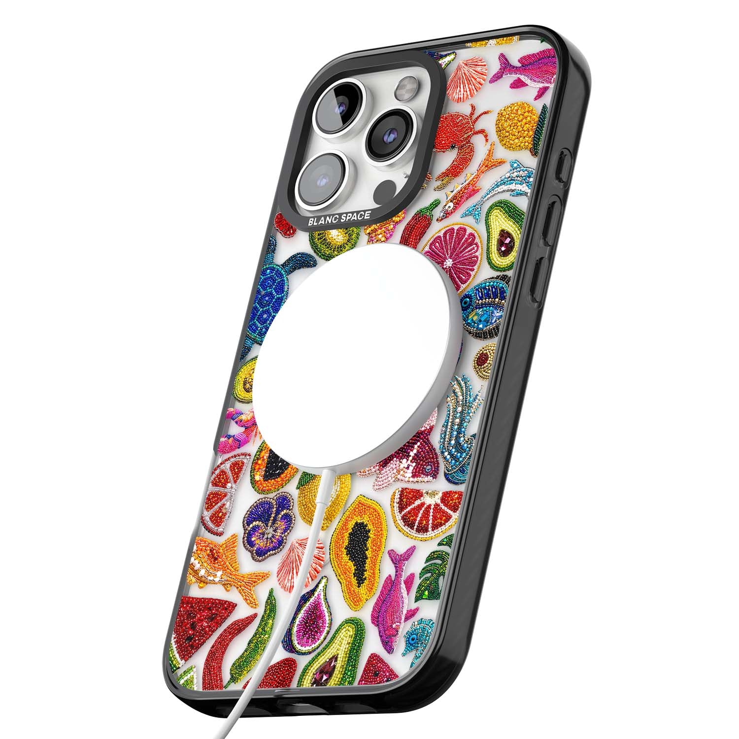 Beaded Tropic tropical iPhone case featuring beaded fruit, fish, crabs and seashells in vibrant colour | Black Impact Magsafe case for iPhone 16 Pro, iPhone 16 Pro Max