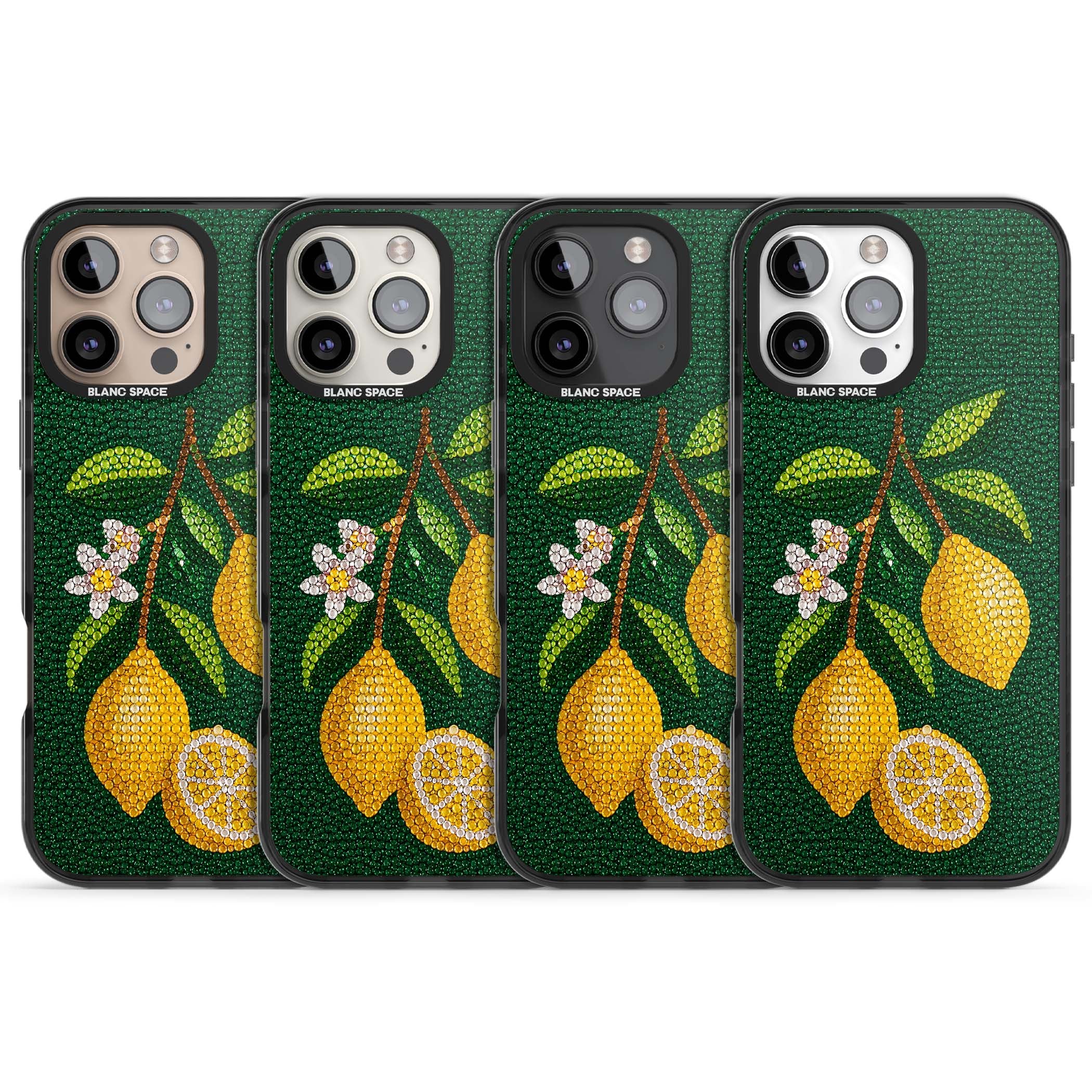 Beaded Lemons coastal iPhone case featuring crystal-beaded lemons, citrus blossom and green leaves on emerald ground | Black Impact Magsafe case for iPhone 16 Pro, iPhone 16 Pro Max