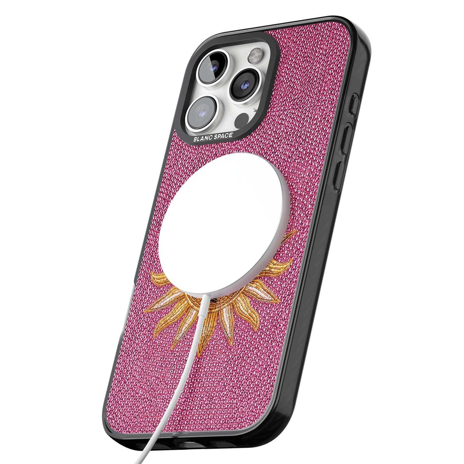 Beaded Sun celestial iPhone case featuring a golden beaded sun face with radiant rays on hot pink beaded background | Black Impact Magsafe case for iPhone 16 Pro, iPhone 16 Pro Max