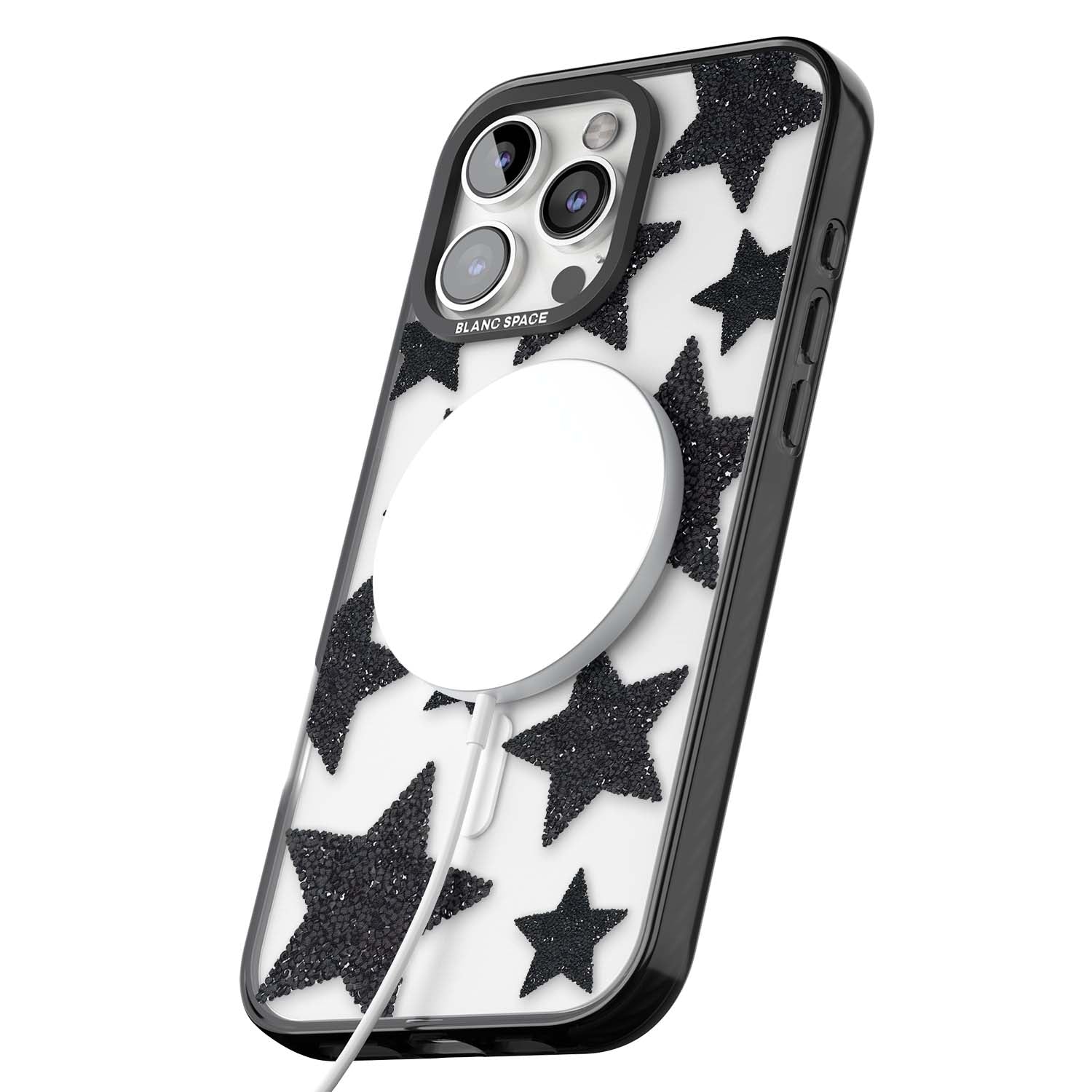 Beaded Black Stars celestial iPhone case featuring black glitter beaded stars scattered on a clear background | Black Impact Magsafe case for iPhone 16 Pro, iPhone 16 Pro Max
