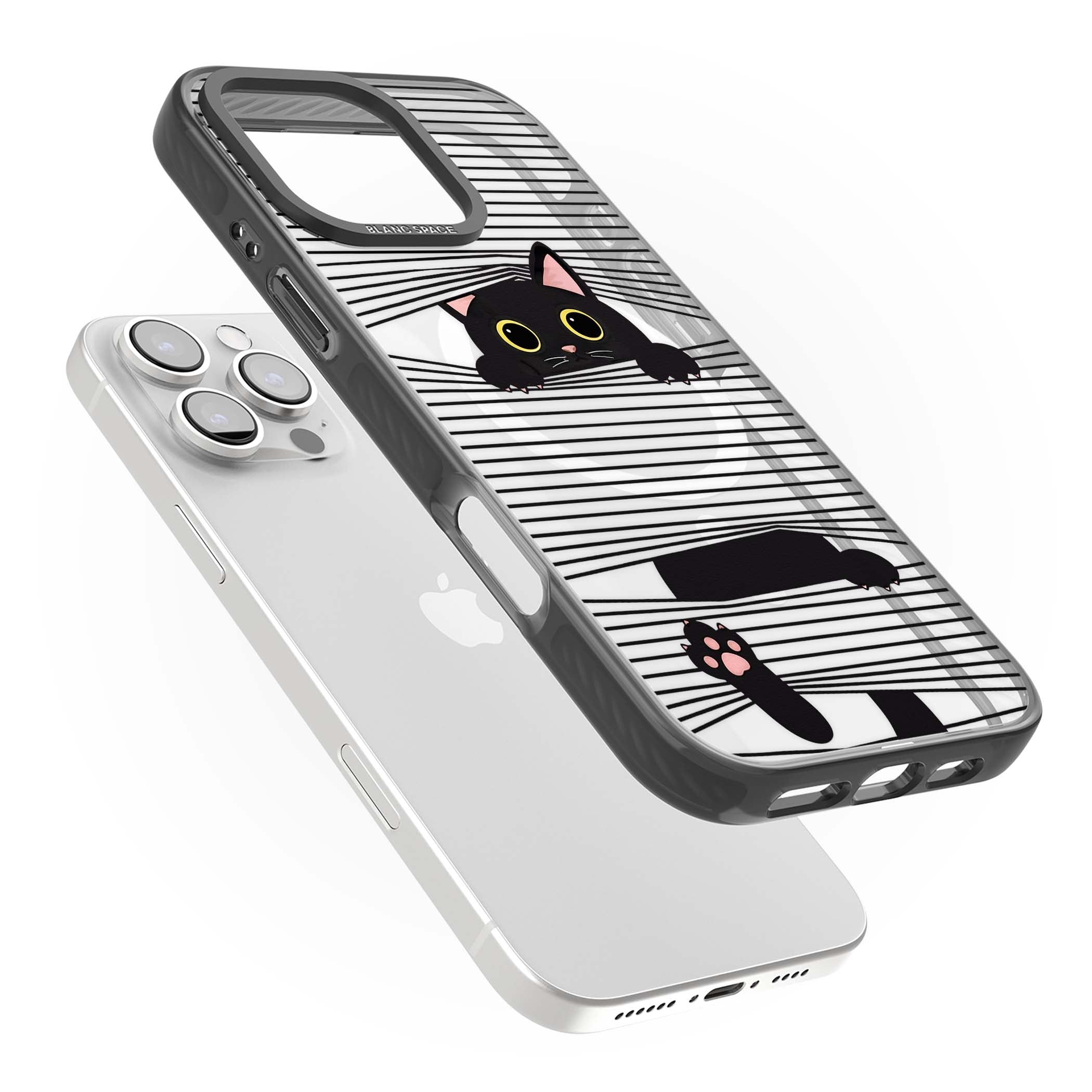 Peek-a-Boo Cat minimal iPhone case featuring black cat peeking through horizontal black and white stripes | Black Impact Magsafe case for iPhone 16 Pro, iPhone 16 Pro Max