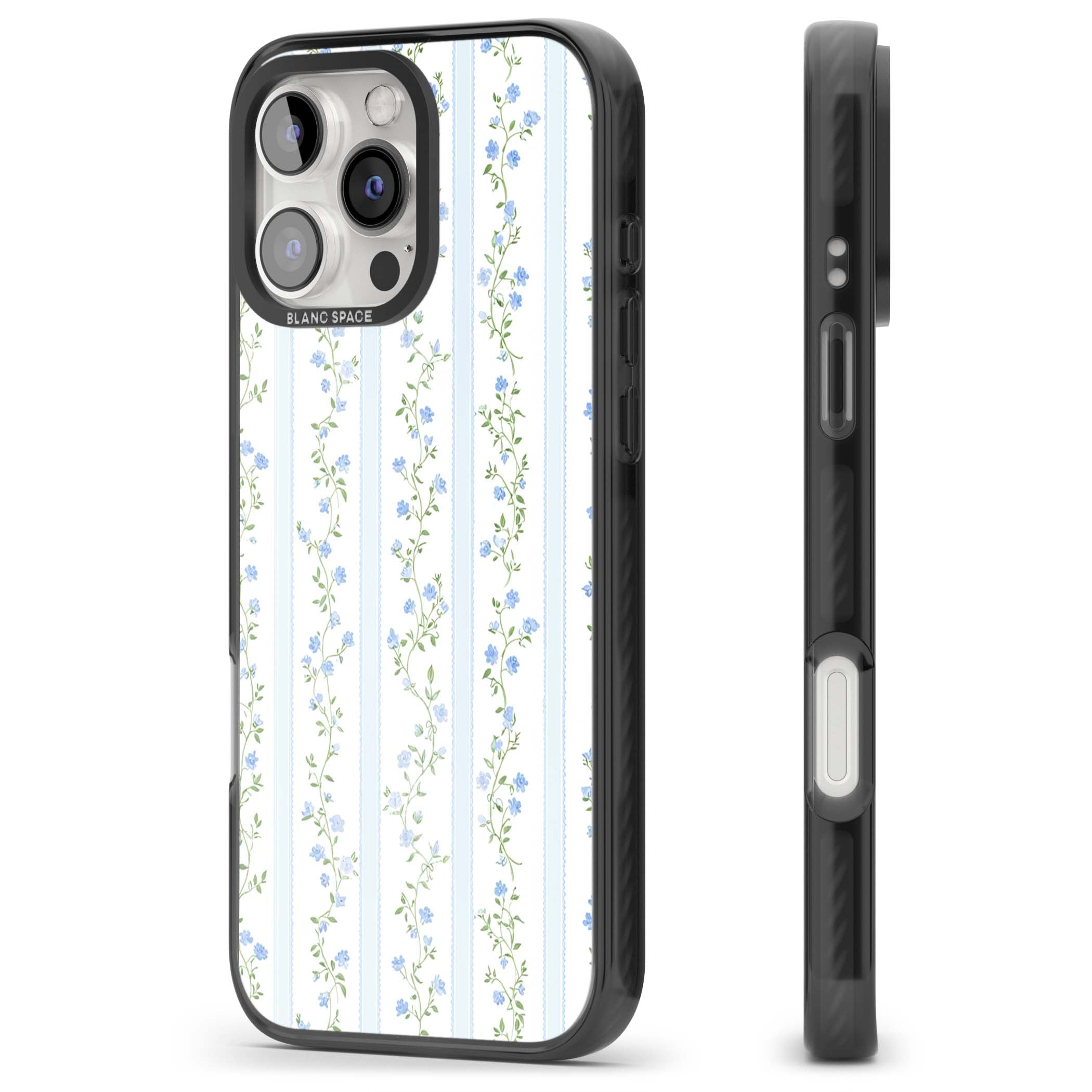 Bluebell Vine cottagecore iPhone case featuring climbing blue roses, trailing green vines, and pale ticking stripes | Black Impact Magsafe case for iPhone 16 Pro, iPhone 16 Pro Max