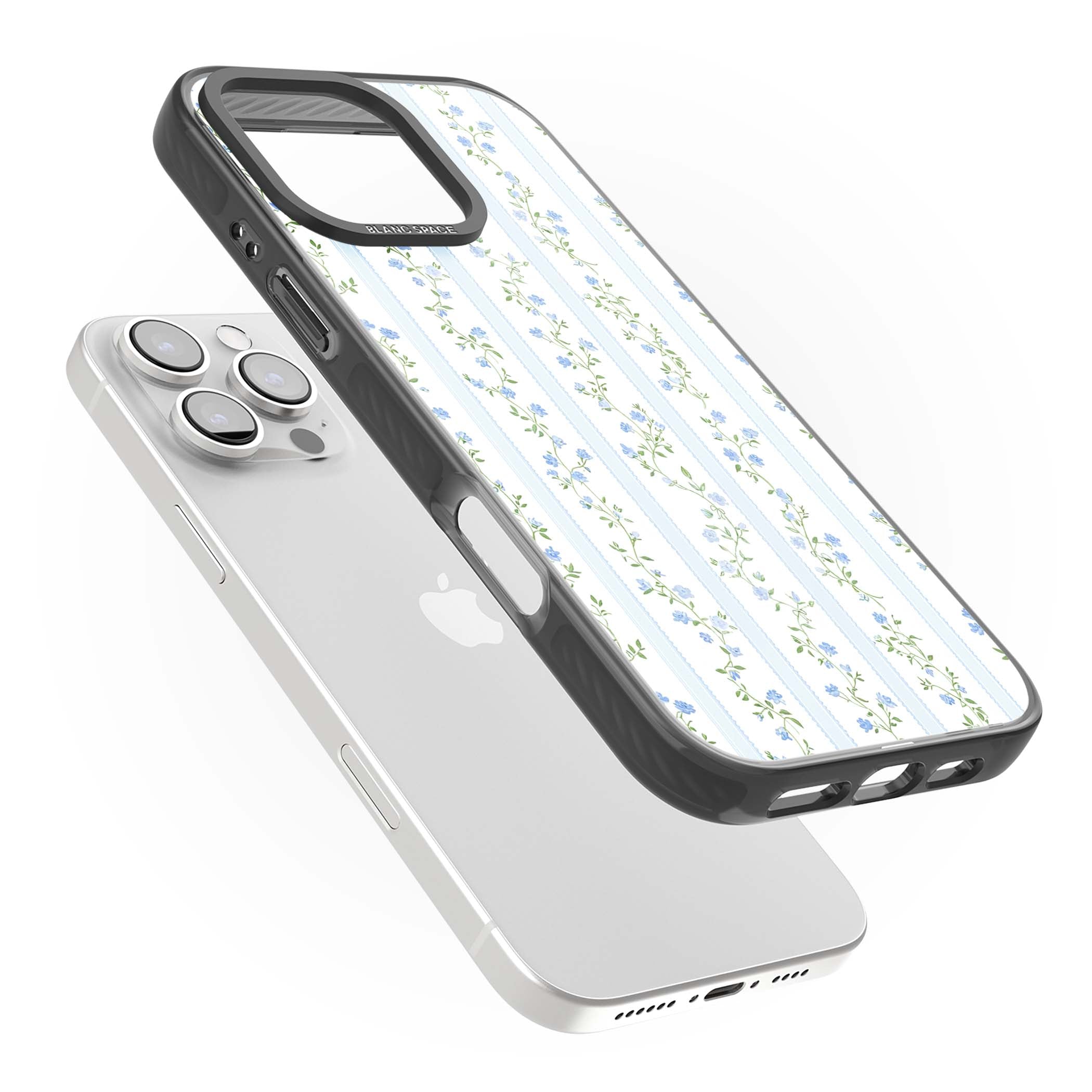 Bluebell Vine cottagecore iPhone case featuring climbing blue roses, trailing green vines, and pale ticking stripes | Black Impact Magsafe case for iPhone 16 Pro, iPhone 16 Pro Max