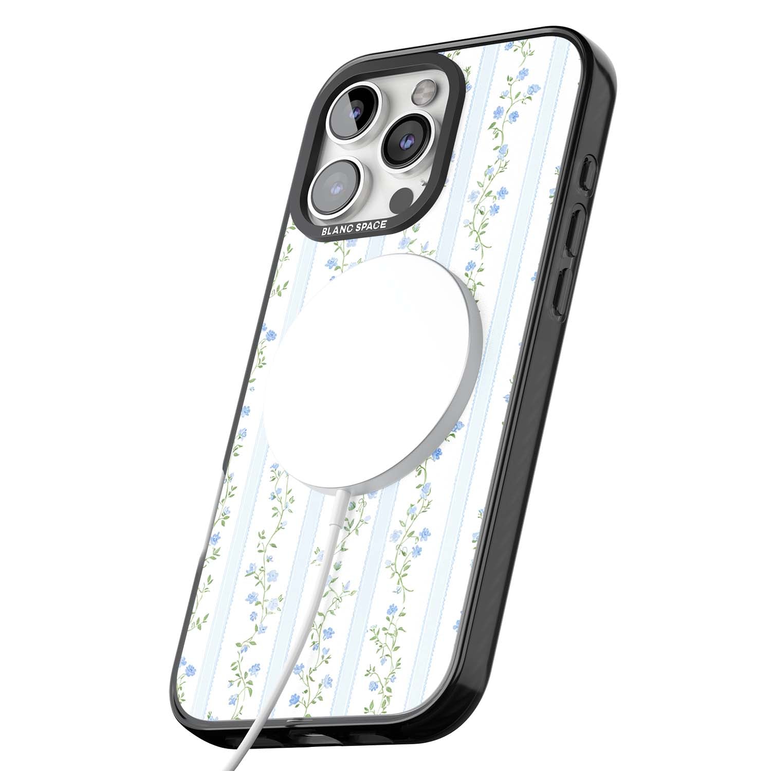 Bluebell Vine cottagecore iPhone case featuring climbing blue roses, trailing green vines, and pale ticking stripes | Black Impact Magsafe case for iPhone 16 Pro, iPhone 16 Pro Max